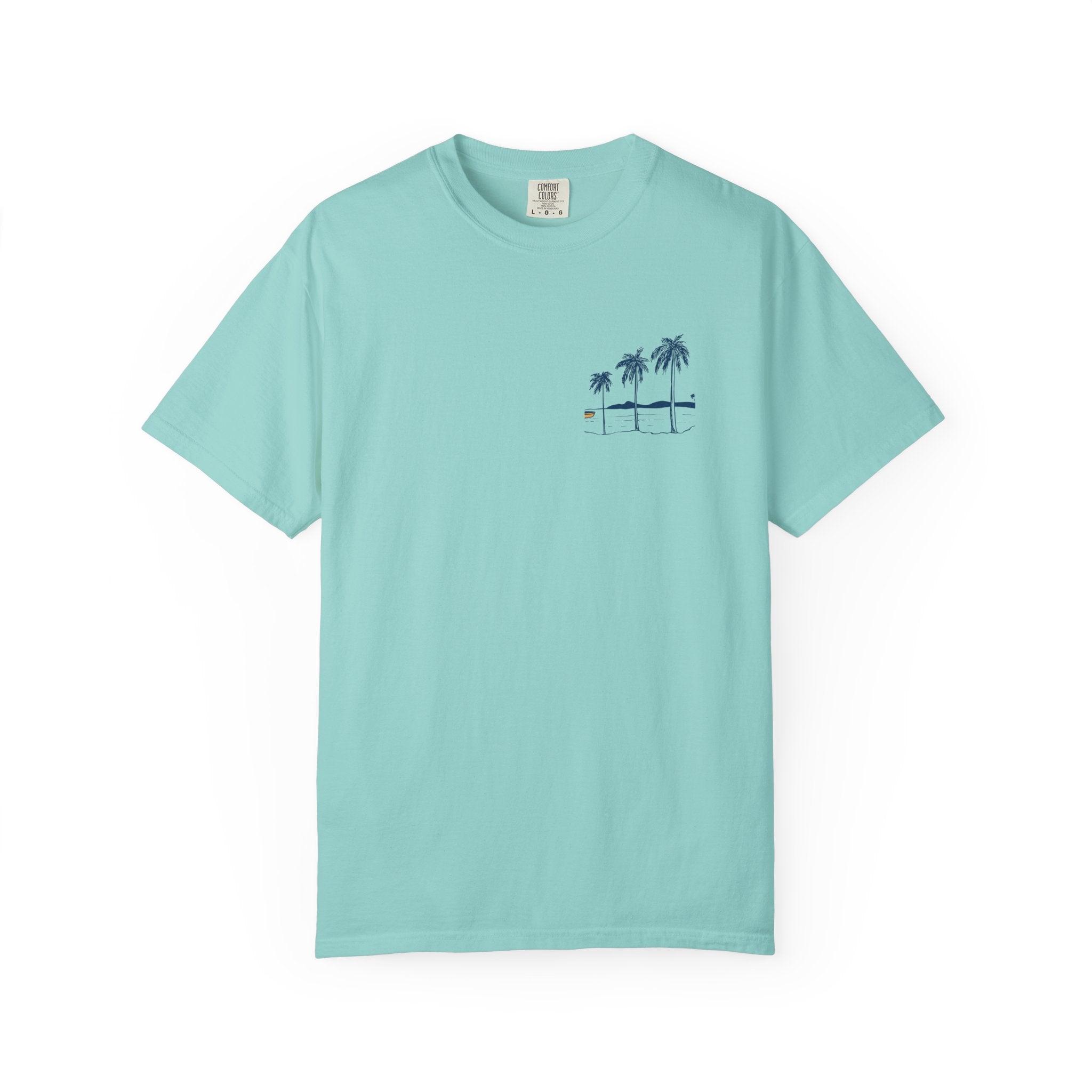 Light blue t-shirt with a palm tree design on a white background