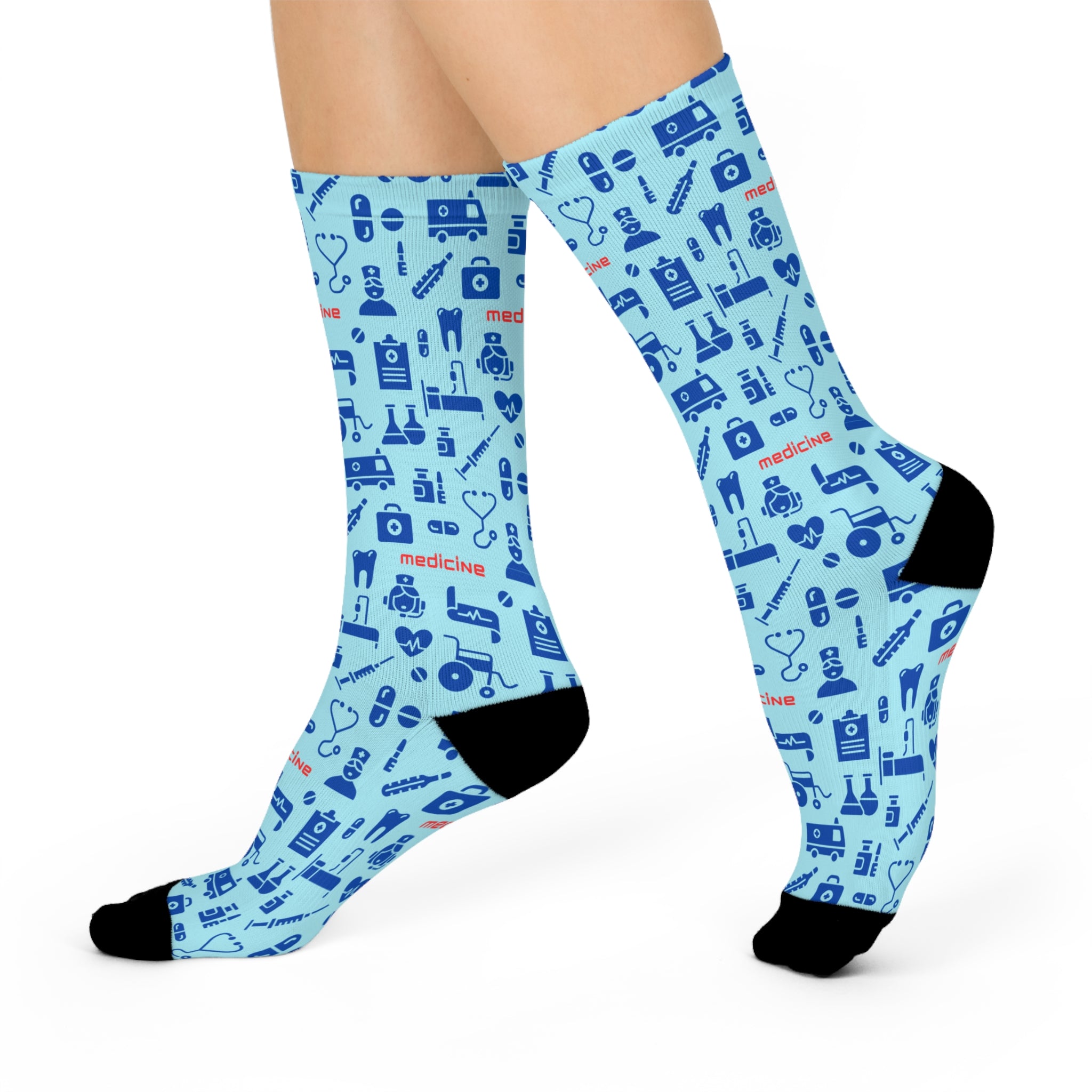Blue Medical-Themed Cushioned Crew Socks Comfortable One-Size Socks