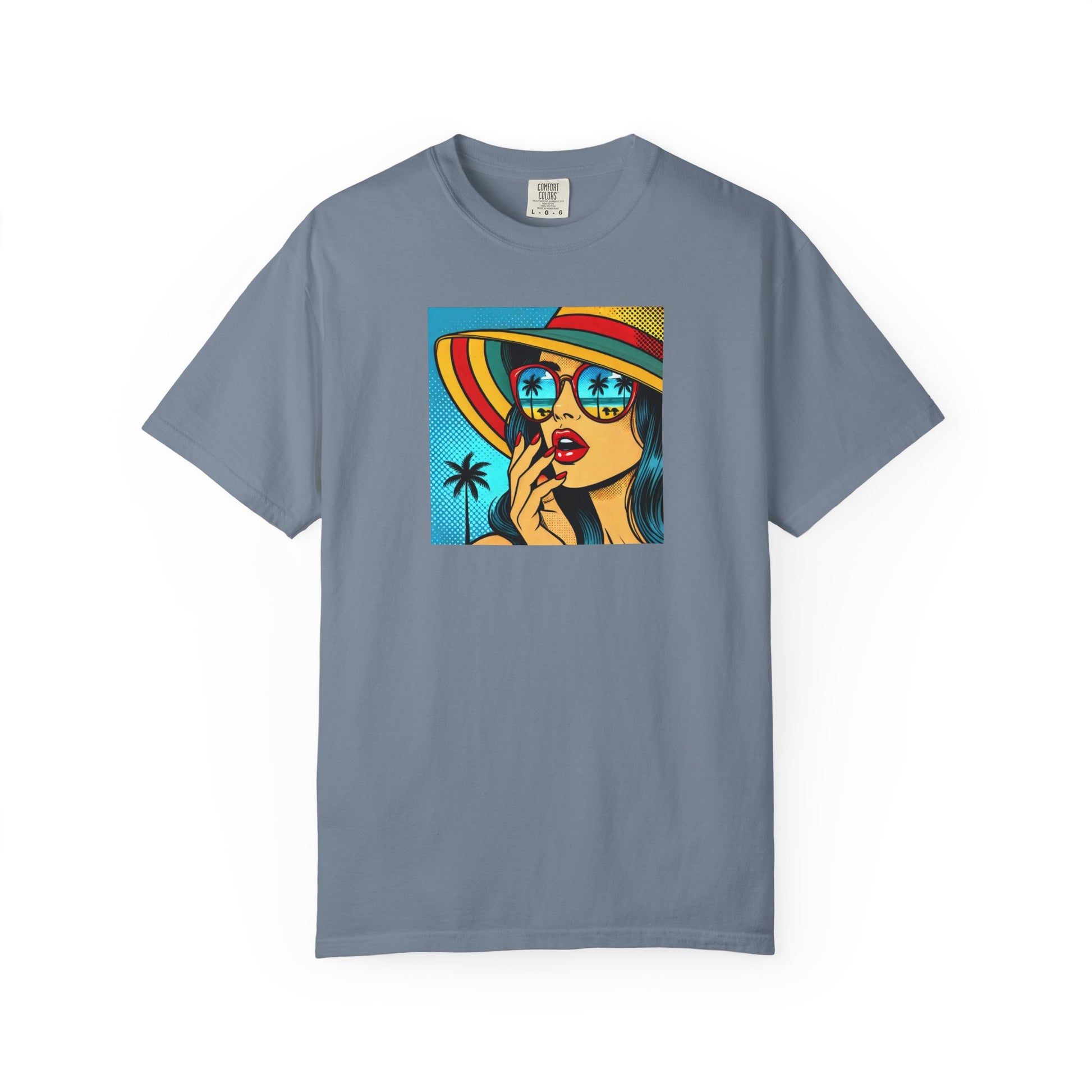 Gray t-shirt with a colorful graphic of a woman on a white background