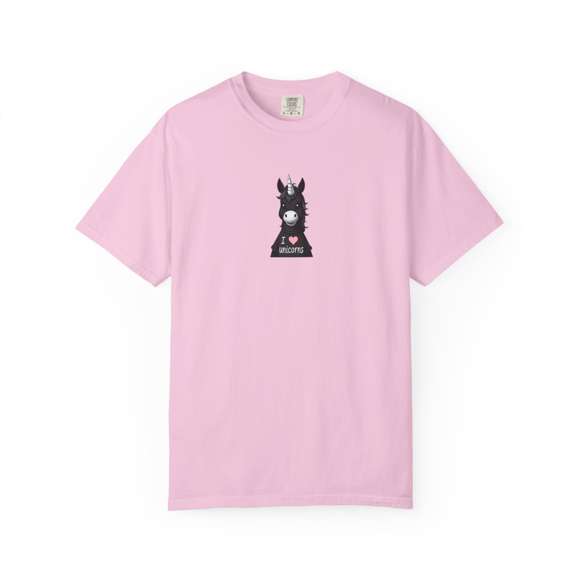 Pink t-shirt with a graphic of a horse wearing a unicorn horn on a white background