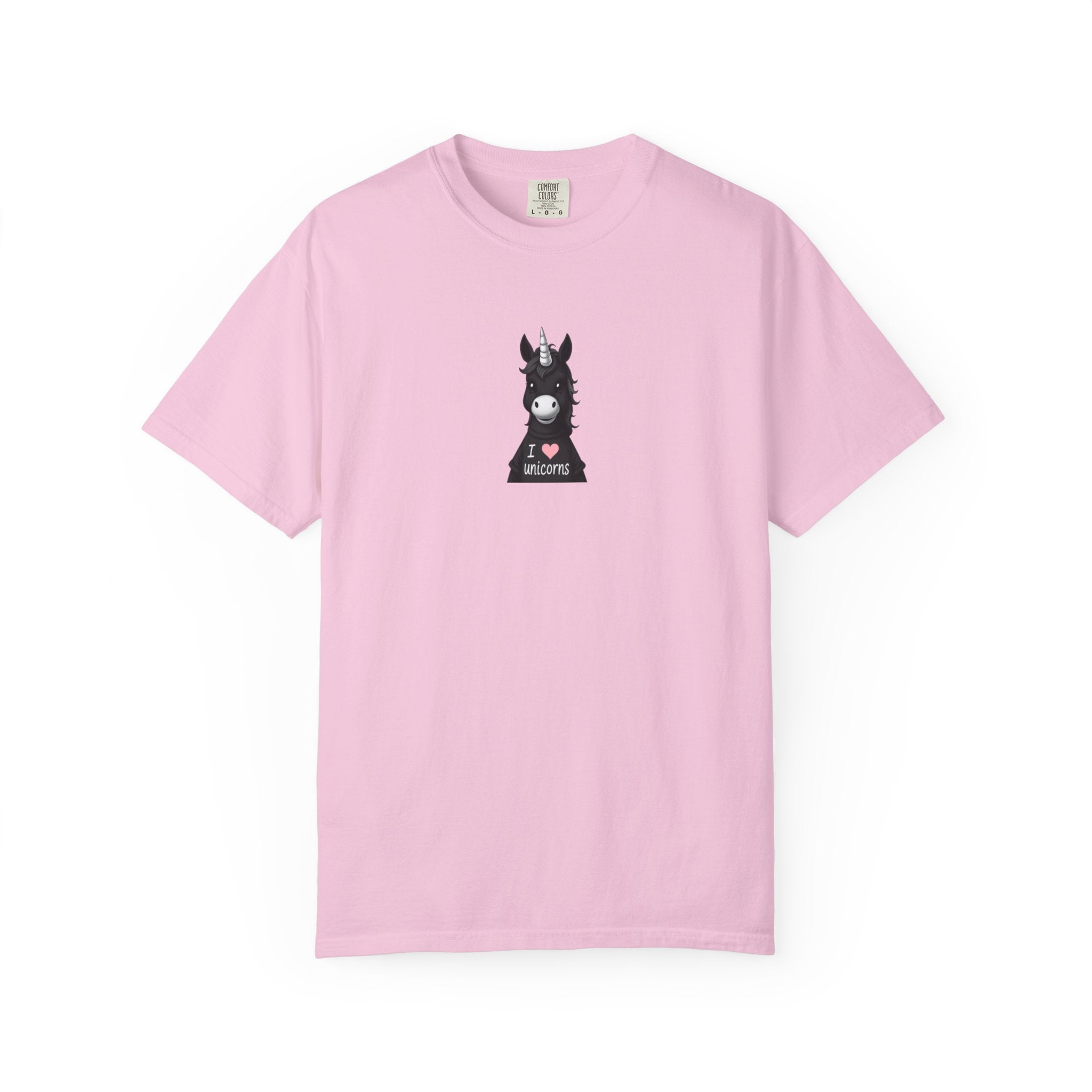 Pink t-shirt with a graphic of a horse wearing a unicorn horn on a white background