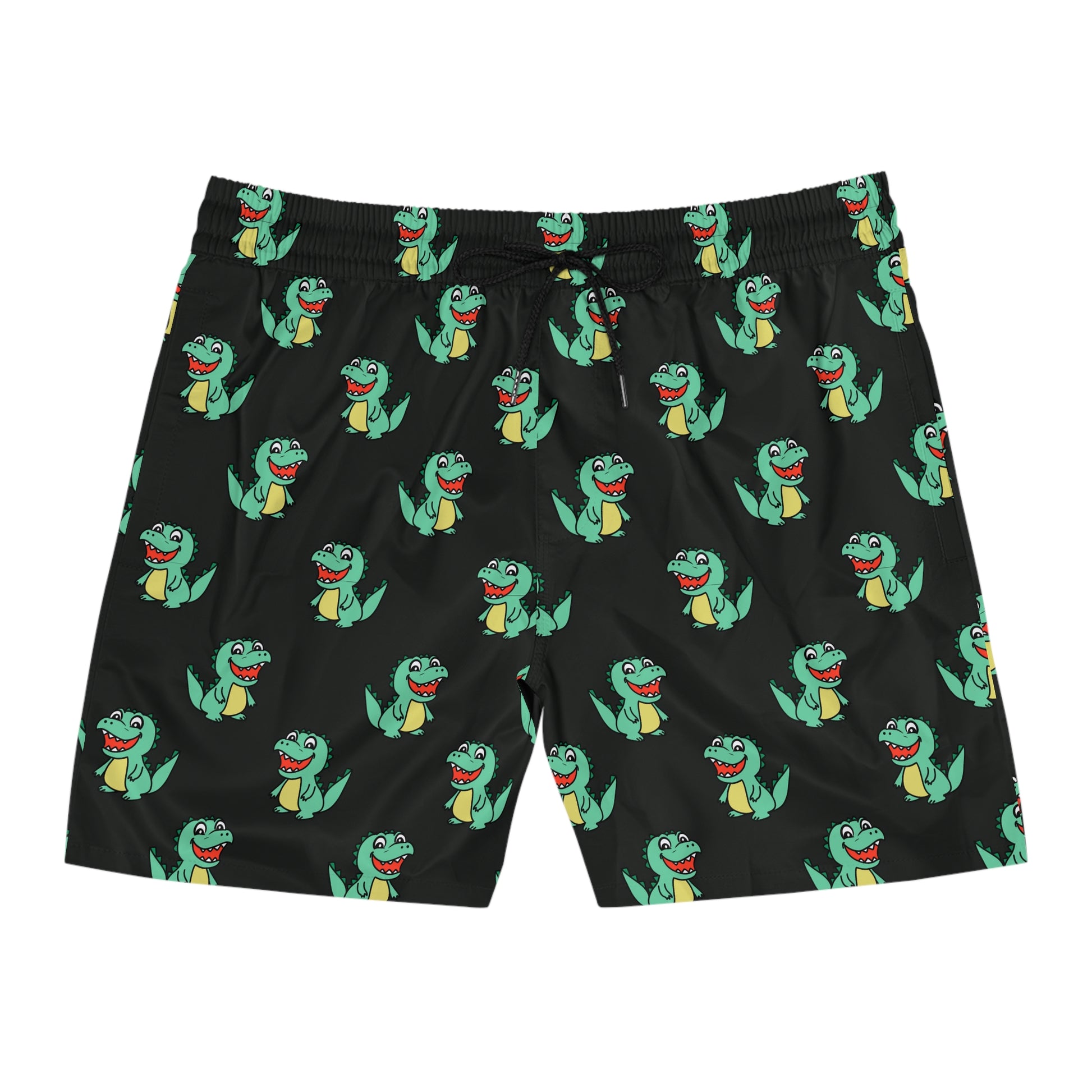 Black shorts with green cartoon frog pattern on a white background