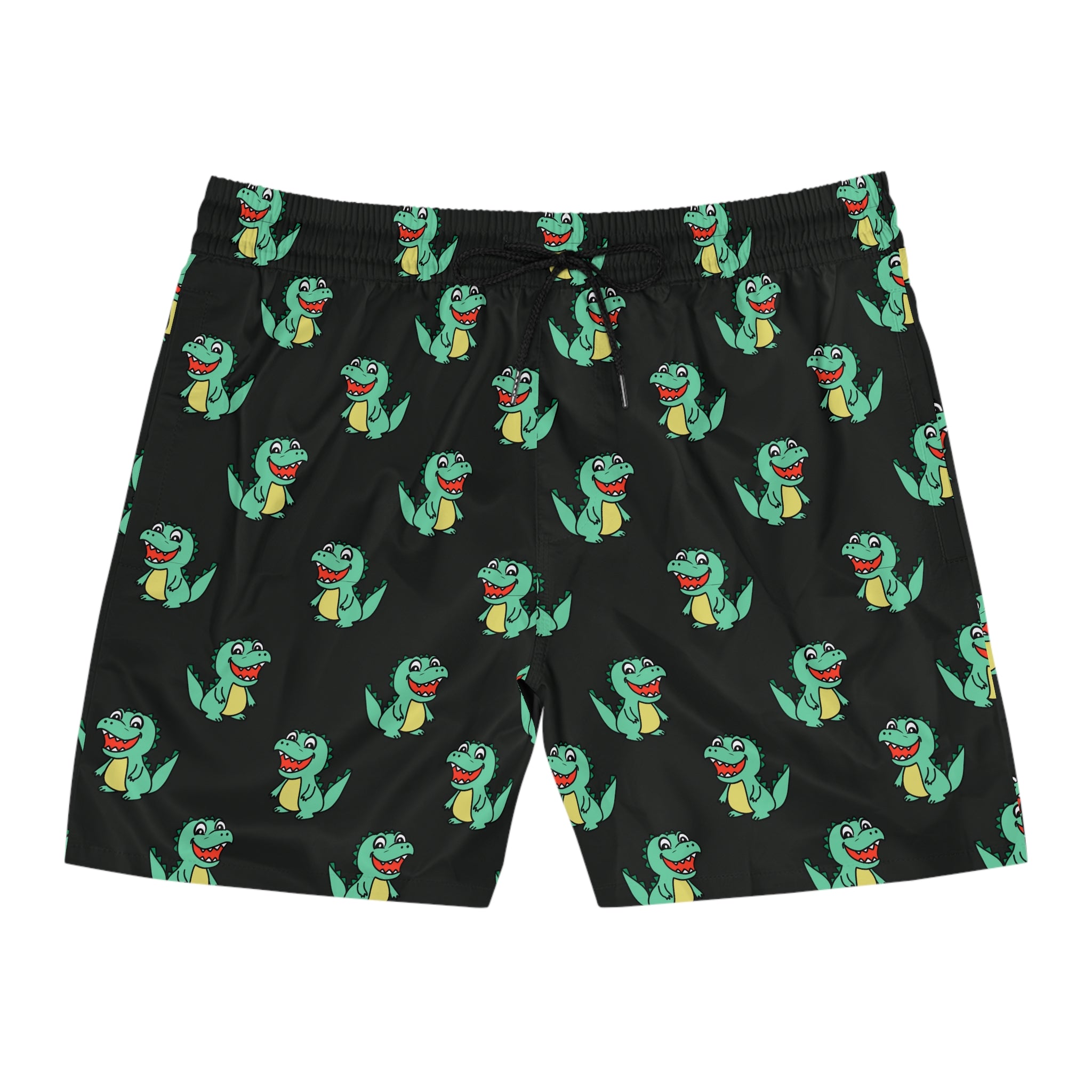 Black shorts with green cartoon frog pattern on a white background
