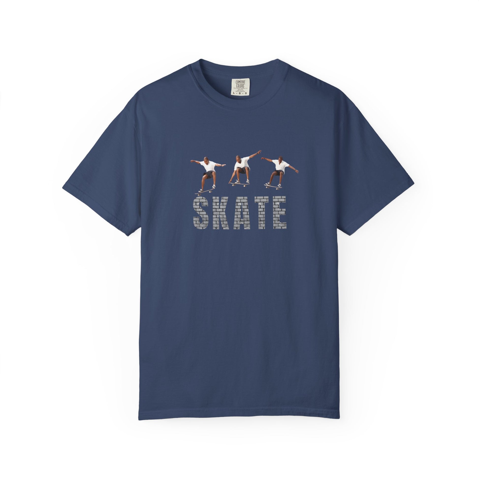 Navy blue t-shirt with 'SKATE' graphic and three skaters on a white background