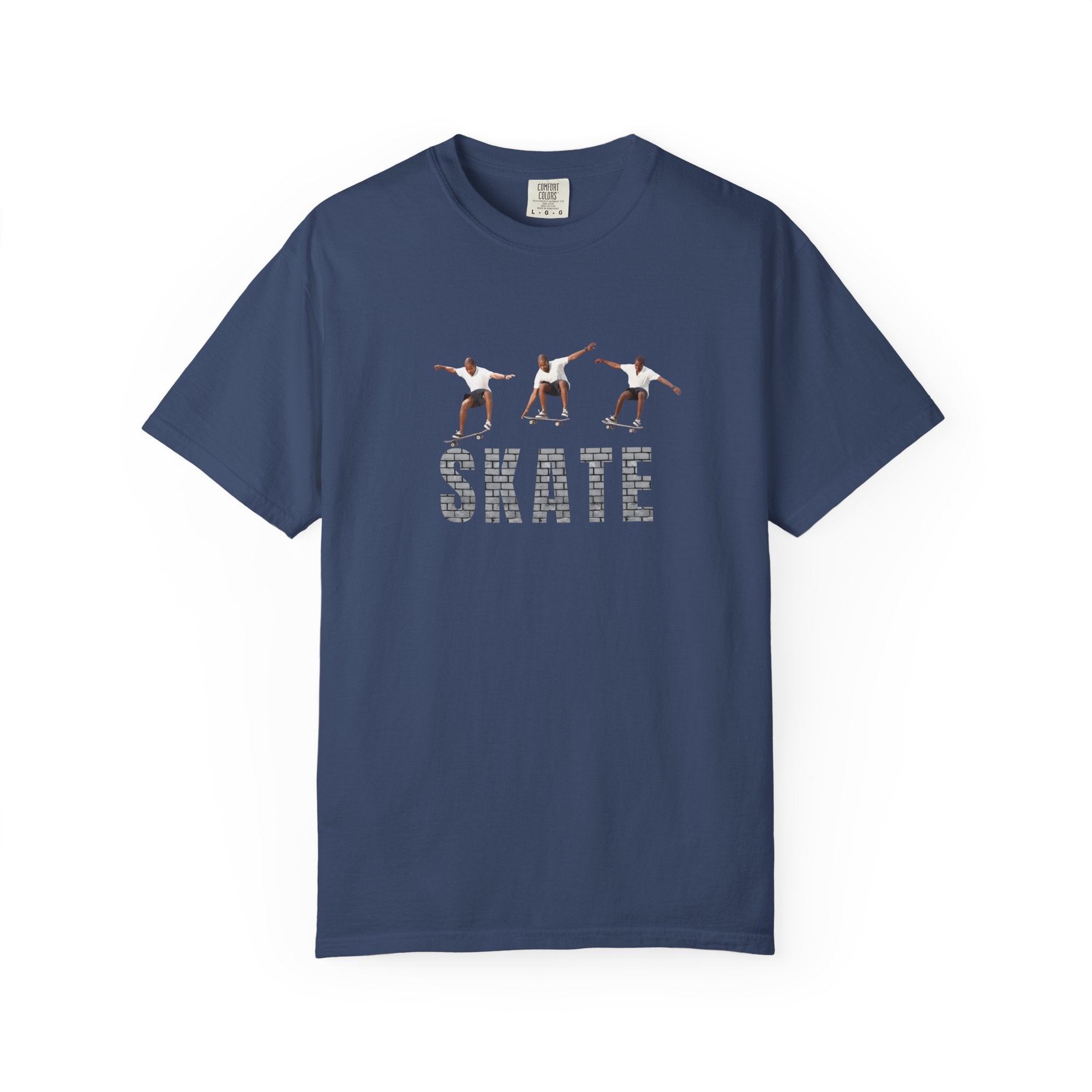 Navy blue t-shirt with 'SKATE' graphic and three skaters on a white background