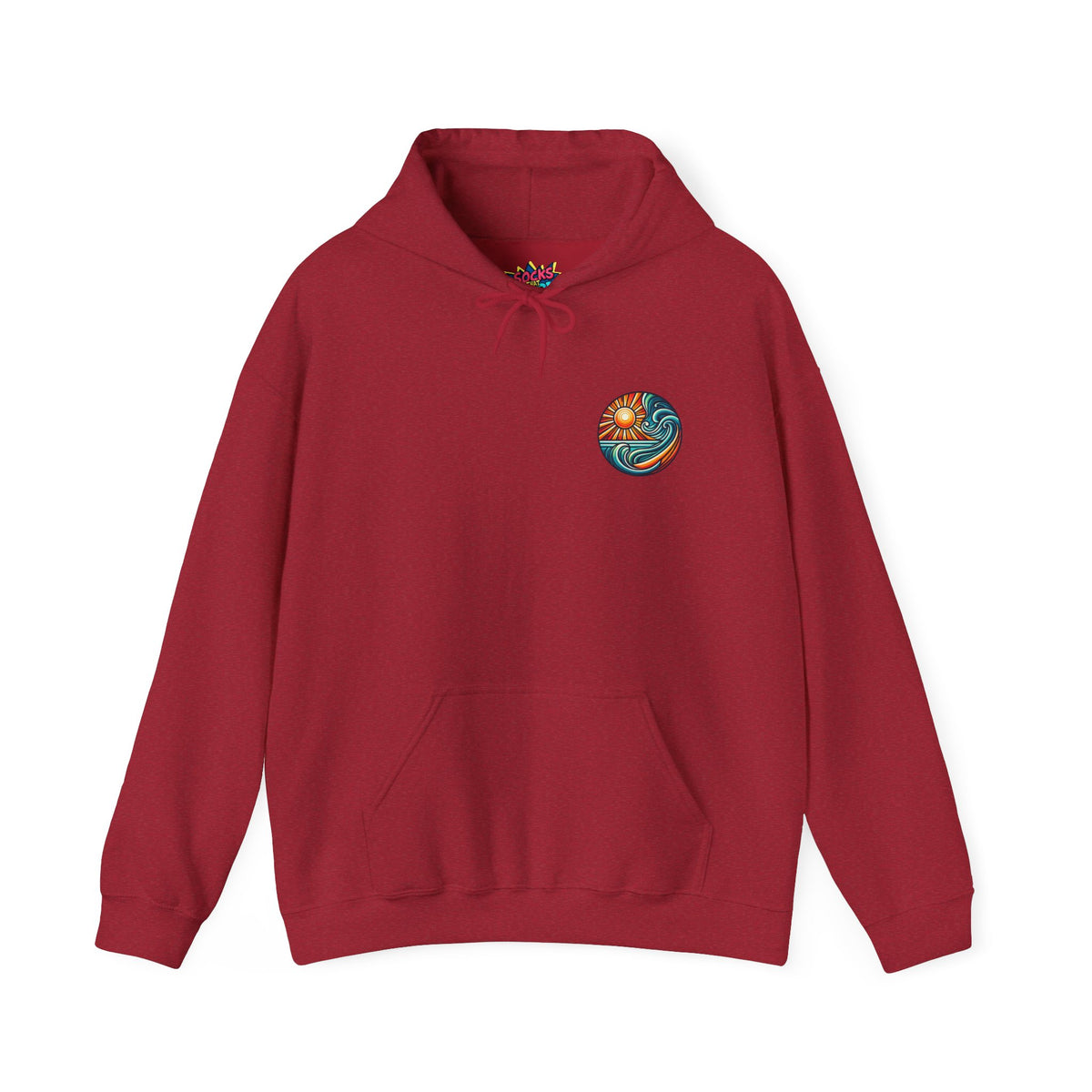 Beach-Inspired Unisex Heavy Blend Hoodie - Relaxed Fit, Cozy and Stylish Sweatshirt with Sun and Waves Design in Antique Cherry Red