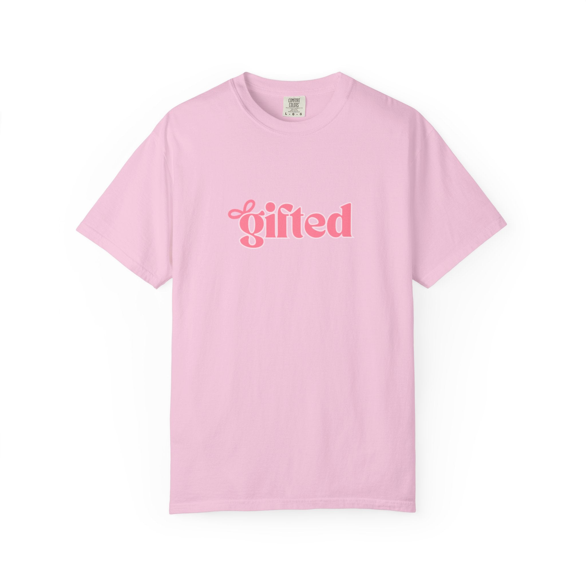 Pink t-shirt with 'gifted' text on a white background