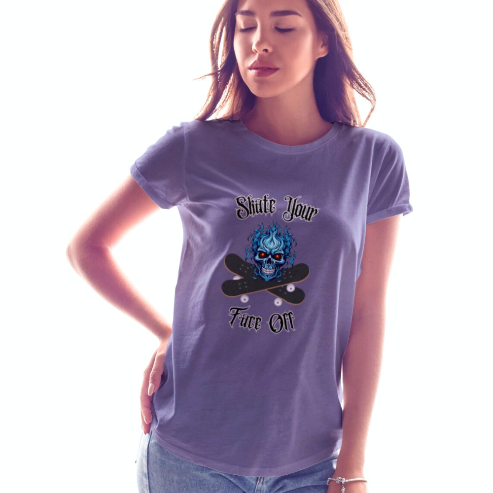 Person wearing a purple t-shirt with a graphic design and text.