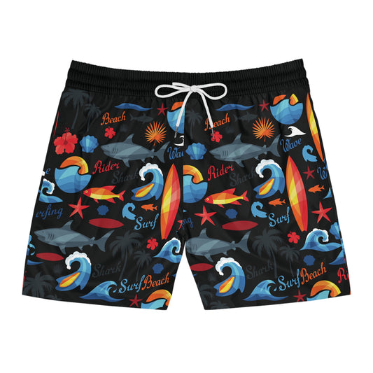 Men's Trunks Surf-Themed Swim Shorts - Colorful Surfboard and Wave Print Quick-Dry Trunks