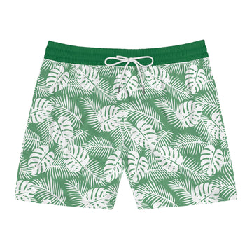 Men's Green Tropical Leaf Print Swim Shorts with Pockets | Lightweight Mid-Length Swim Trunks