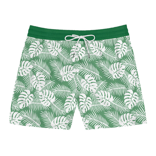 Men's Green Tropical Leaf Print Swim Shorts with Pockets | Lightweight Mid-Length Swim Trunks
