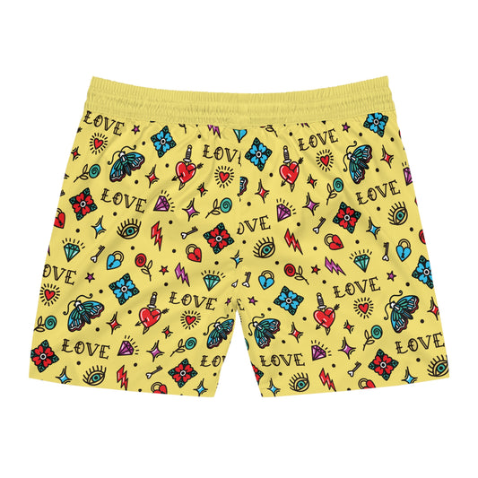 Men's Swim Shorts with Tattoo Love Design - Colorful Tattoo Pattern Quick-Dry Swim Trunks