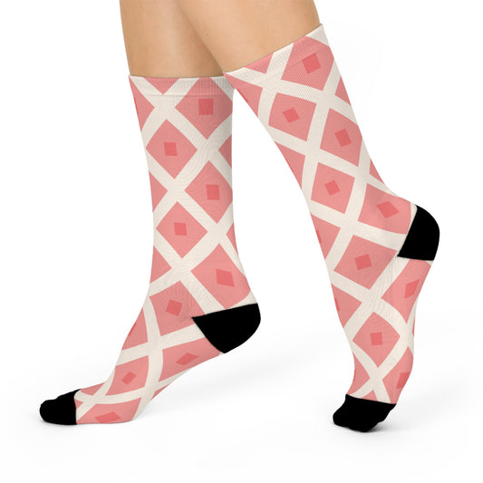 Pink Plaid Printed Crew Socks