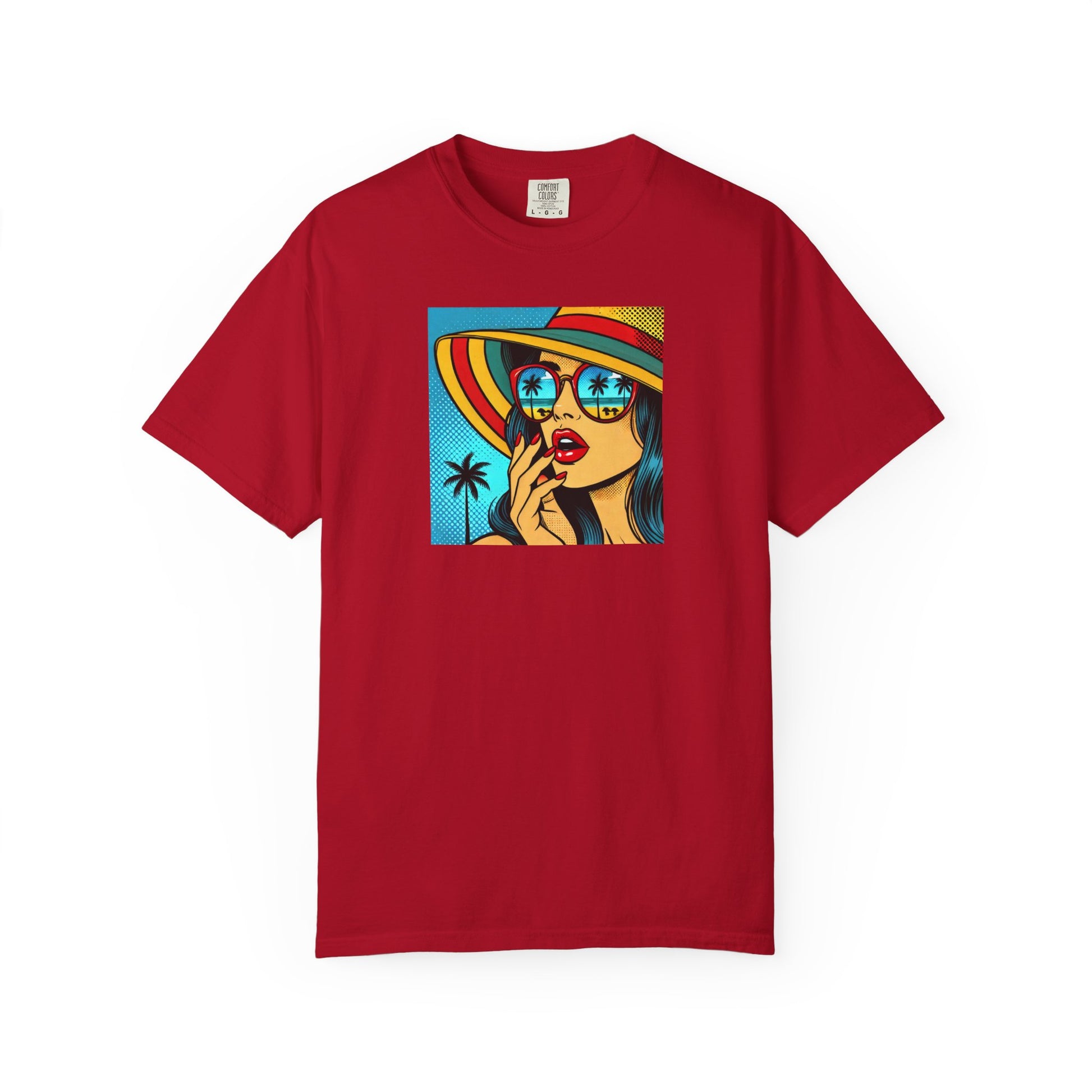 Red t-shirt with a colorful graphic of a woman on a white background