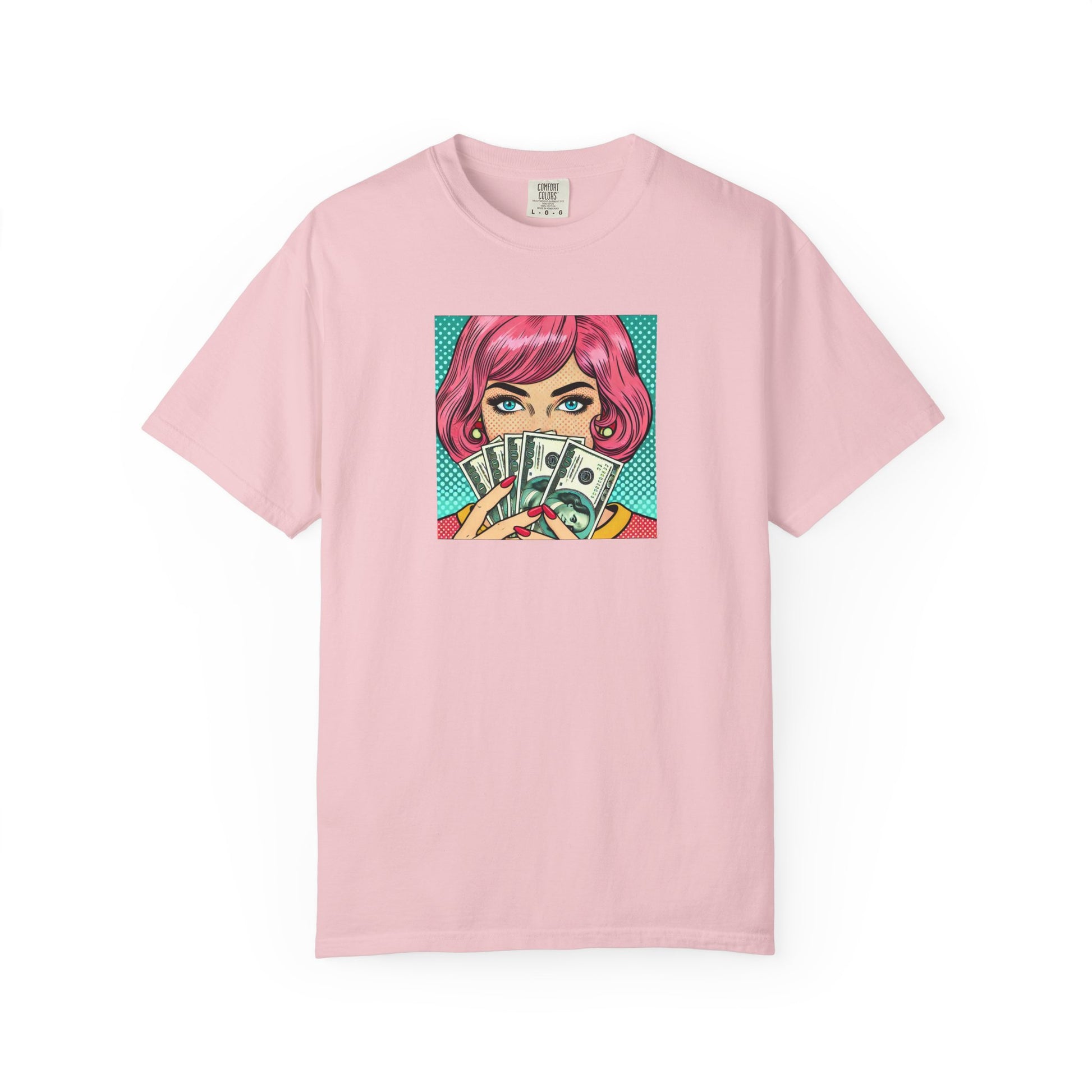 Pink t-shirt with a graphic of a woman holding money on a white background