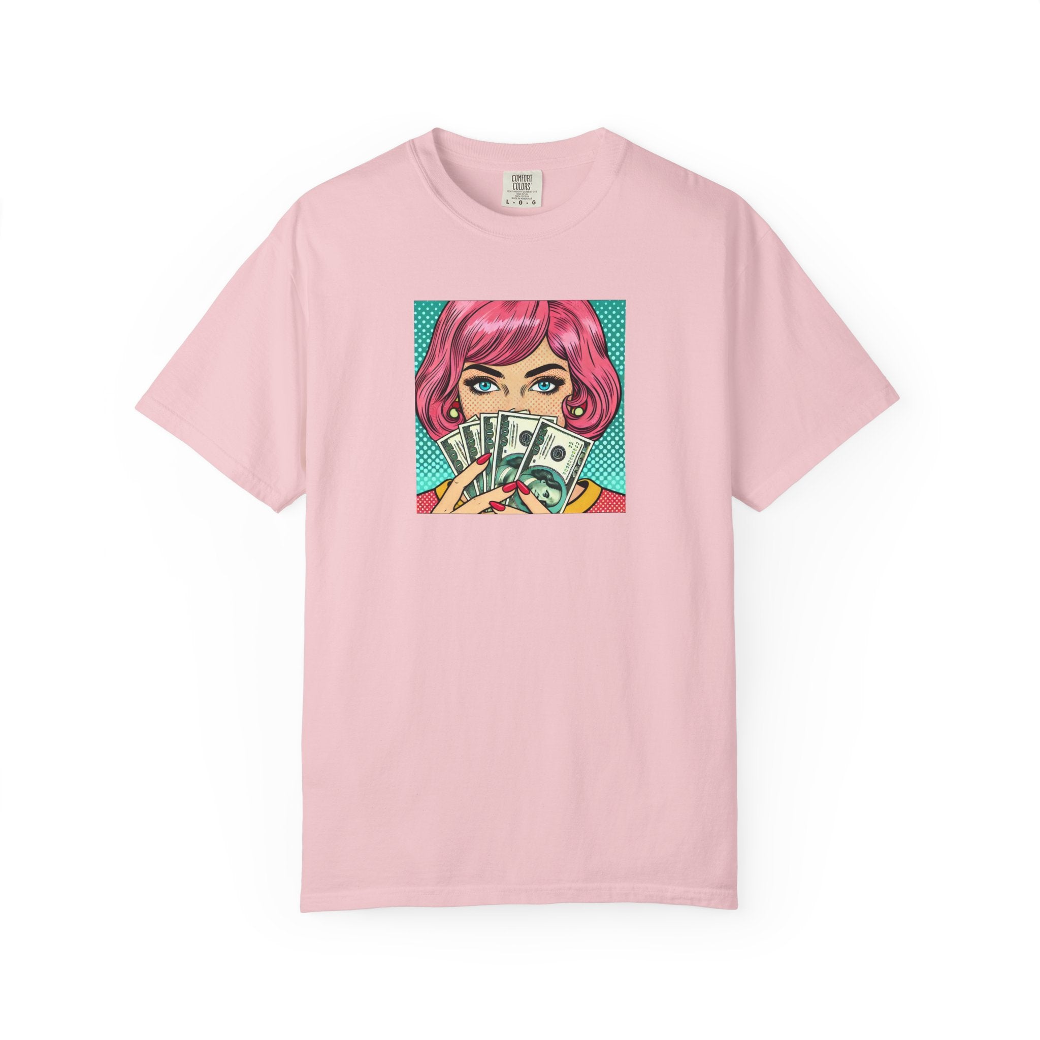 Pink t-shirt with a graphic of a woman holding money on a white background