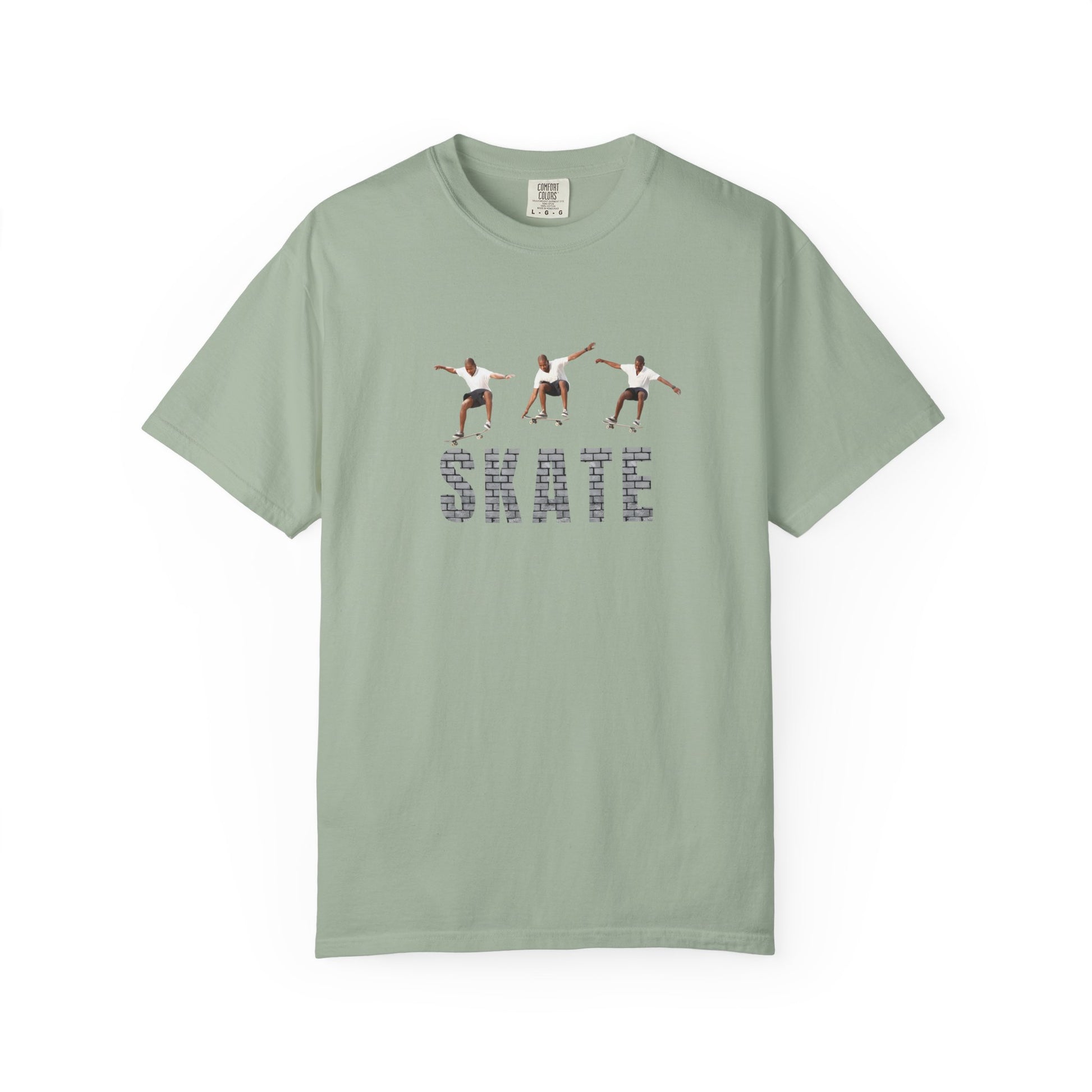 Green t-shirt with graphic design and text on a white background