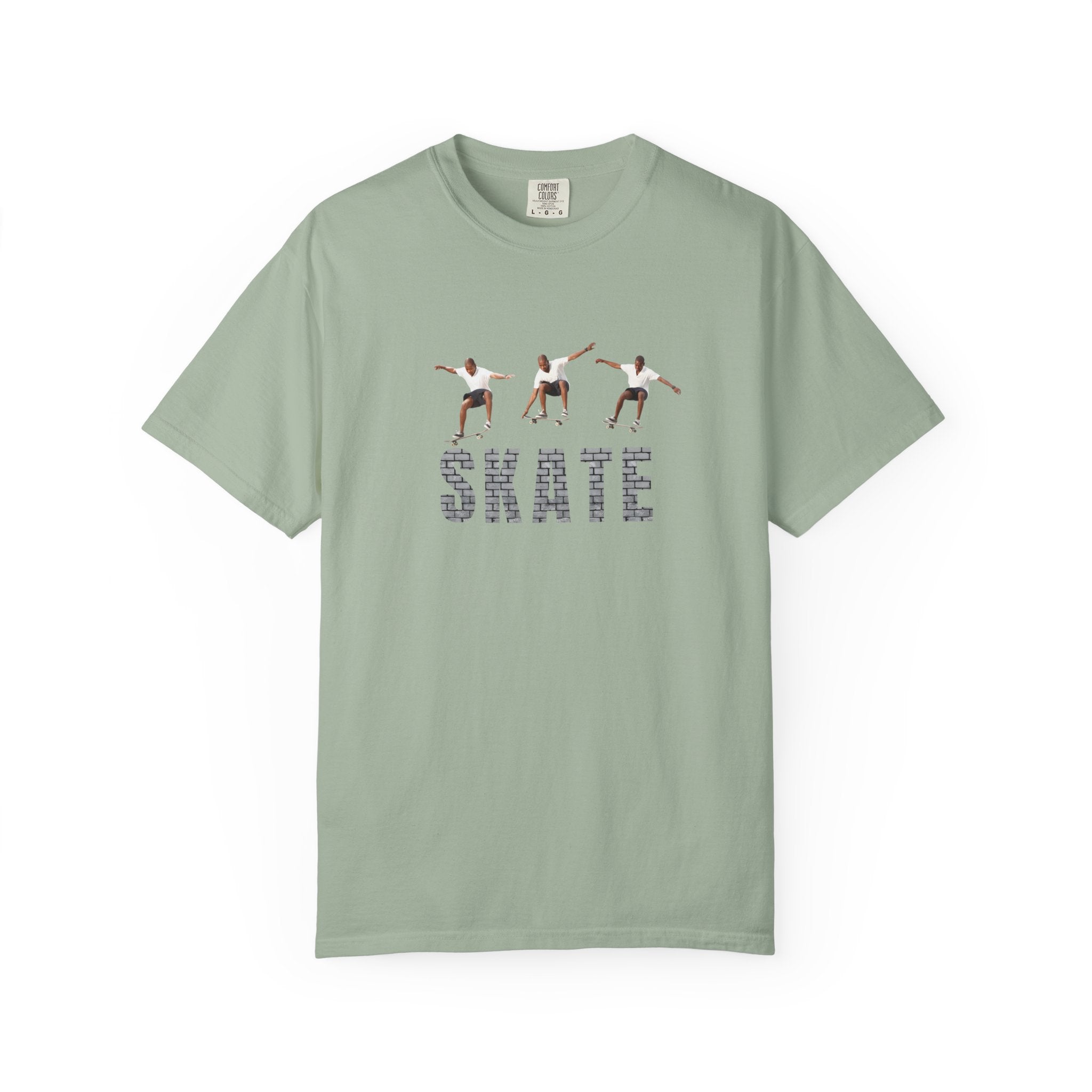 Green t-shirt with graphic design and text on a white background