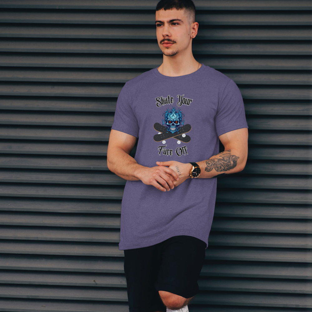 Man wearing a purple t-shirt with a graphic design against a corrugated metal background
