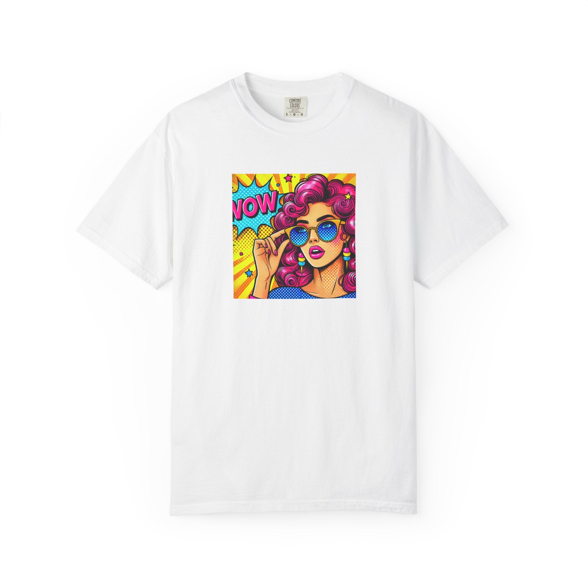 White t-shirt with a colorful graphic of a woman and 'WOW' text on a white background