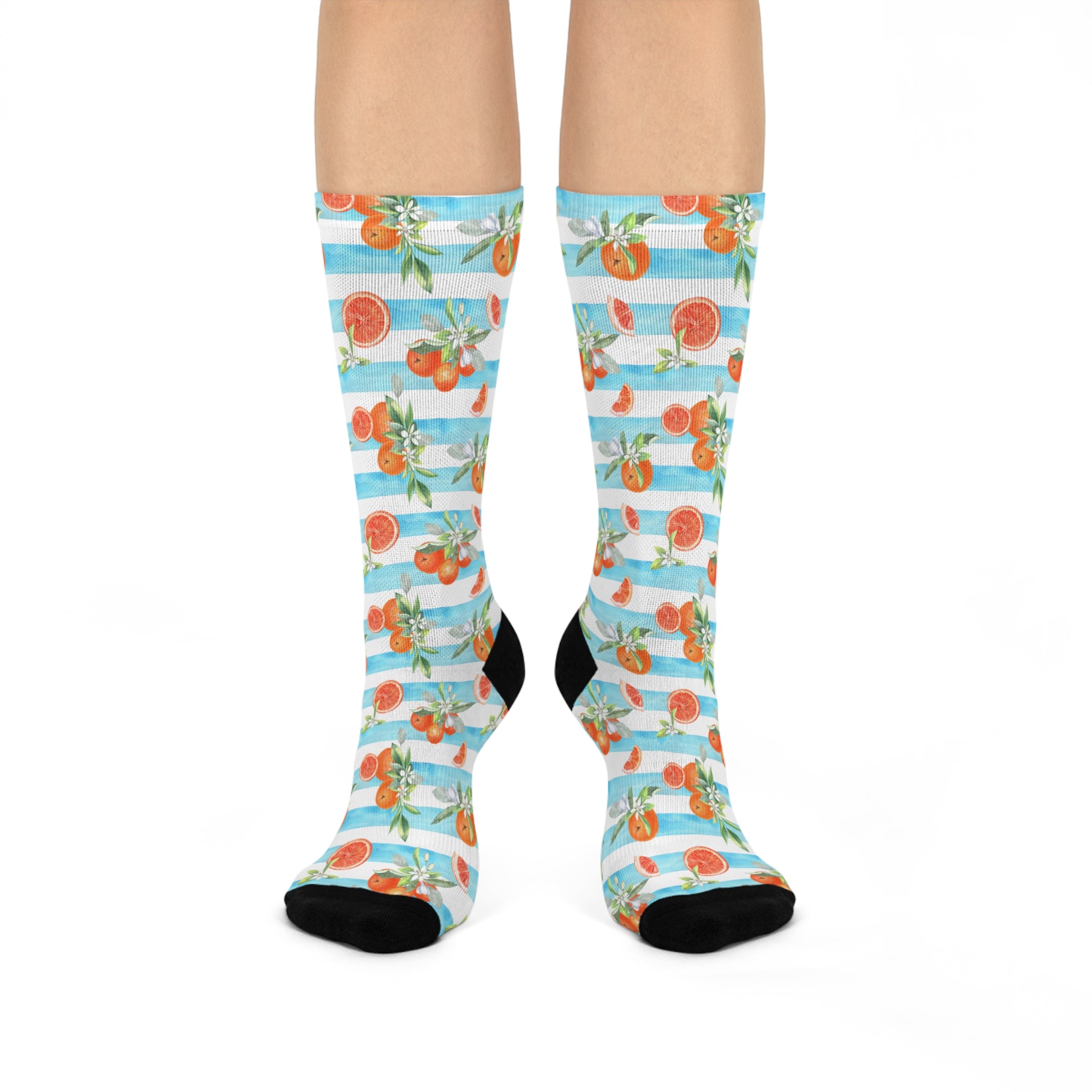 Citrus Garden Crew Socks: Orange & Lemon Print, Blue Stripes