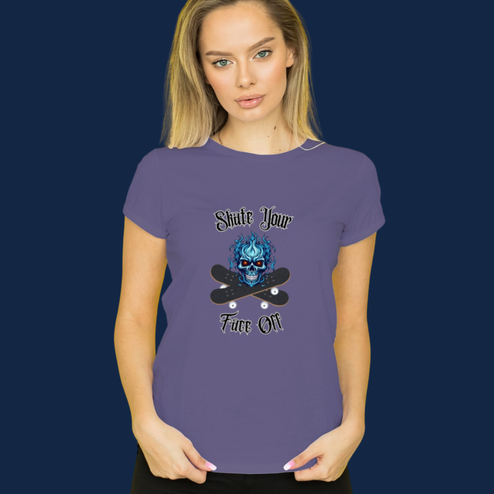 Woman wearing a purple t-shirt with a graphic design and text on a dark background