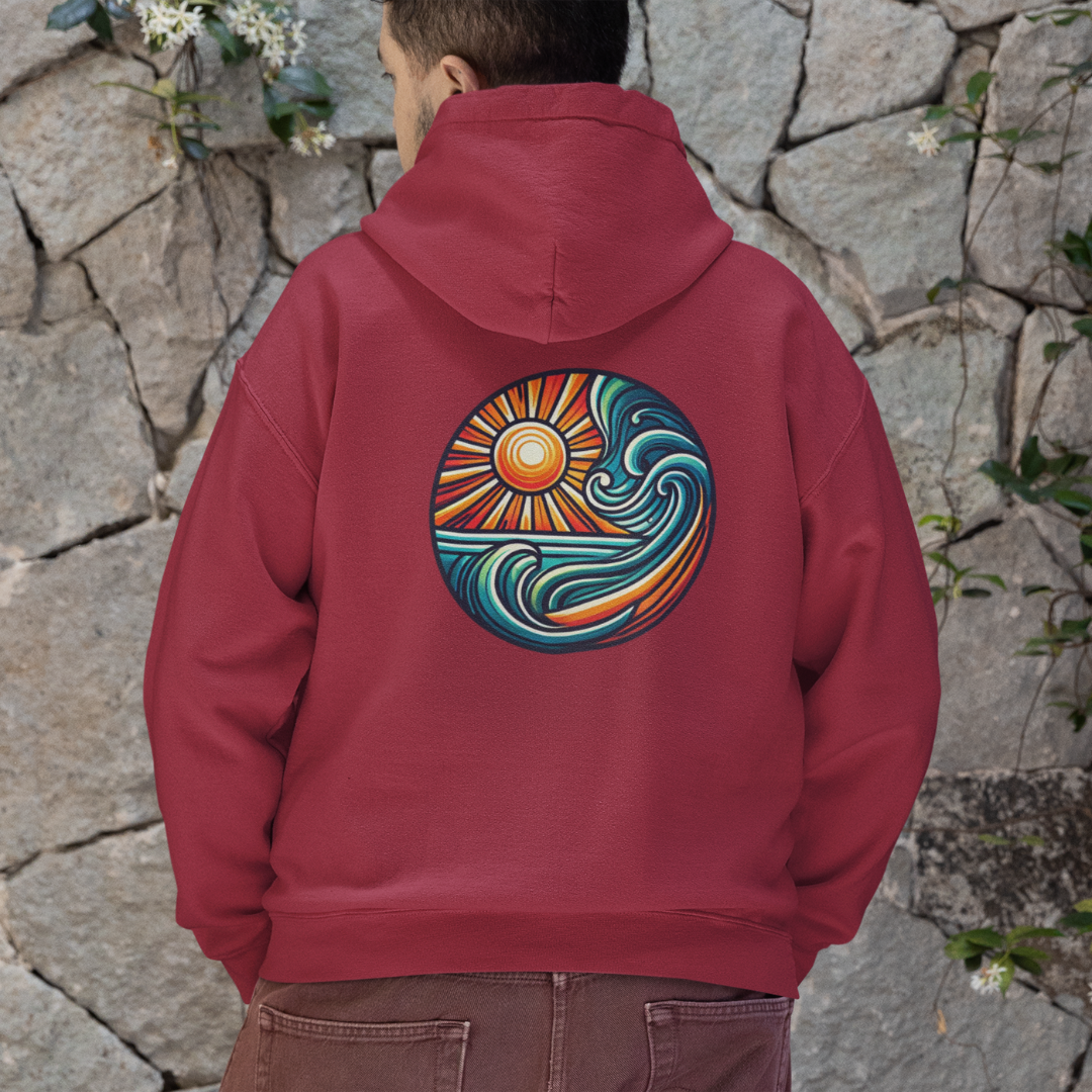 Beach-Inspired Unisex Heavy Blend Hoodie - Relaxed Fit, Cozy and Stylish Sweatshirt with Sun and Waves Design in Antique Cherry Red