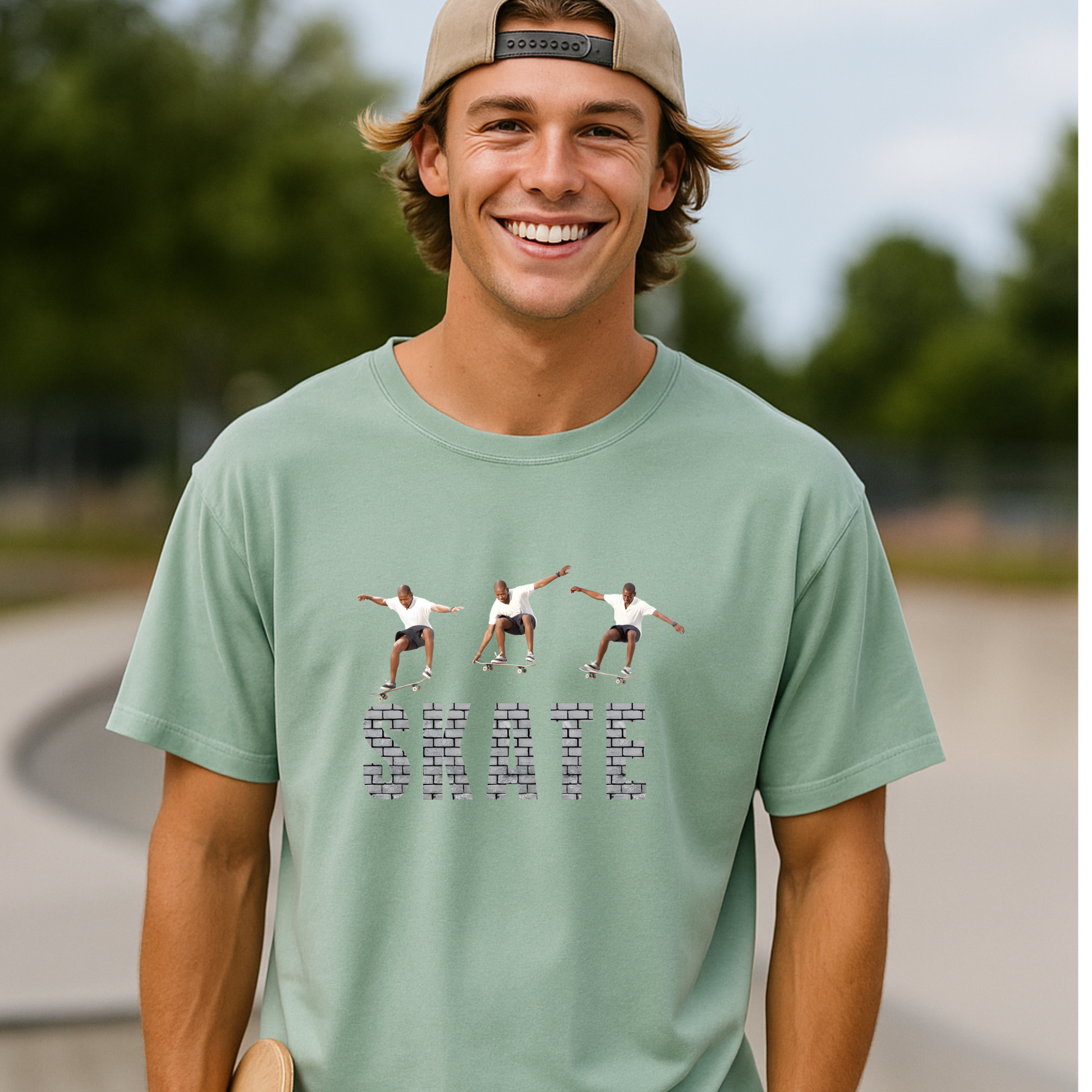 Man wearing a light green t-shirt with graphic design outdoors