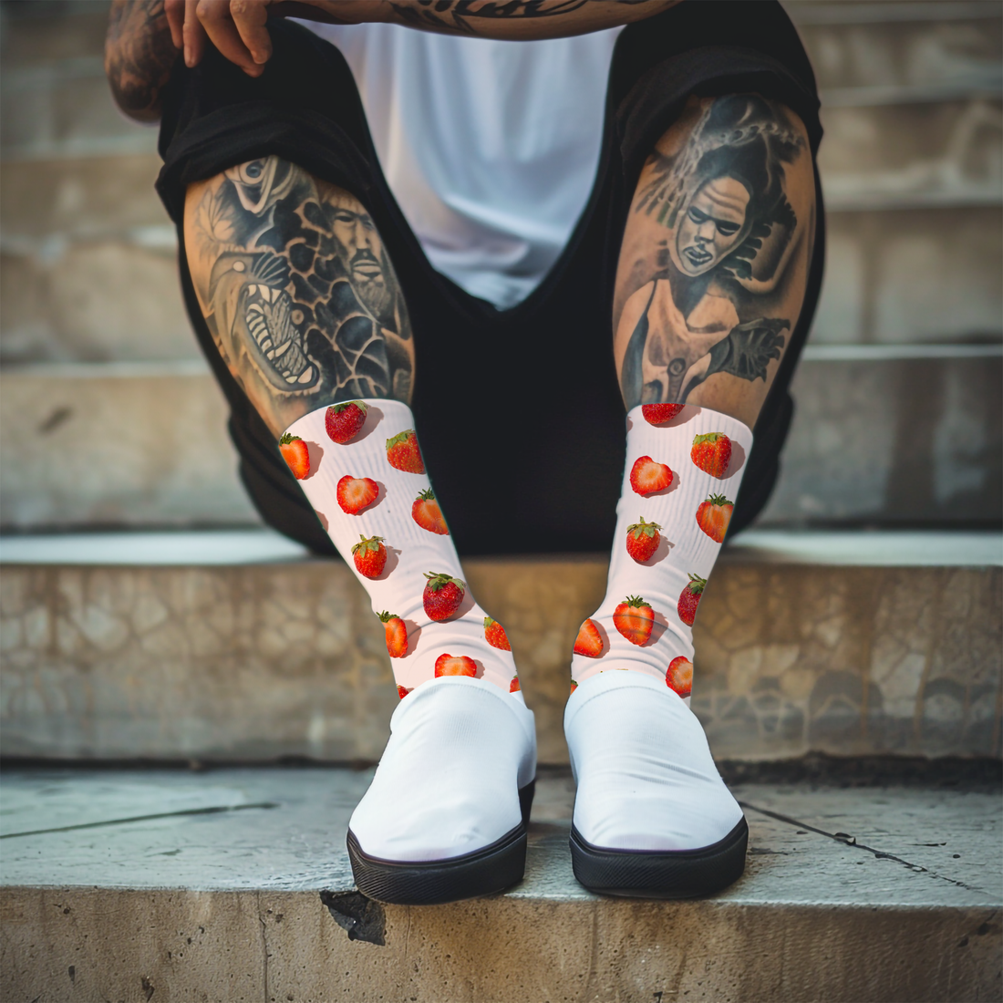 Person wearing strawberry-patterned socks on a gray background