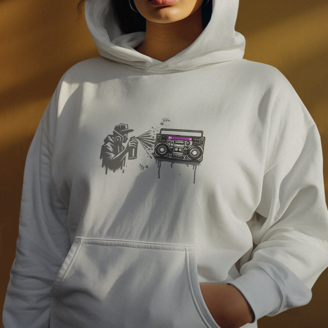 Sport Gray Graffiti Hoodie with Boom Box, Urban Streetwear, Unisex Art Hoodie