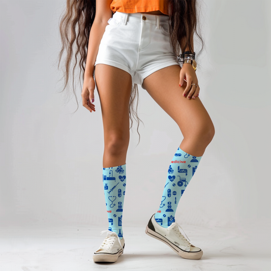 Blue Medical-Themed Cushioned Crew Socks Comfortable One-Size Socks