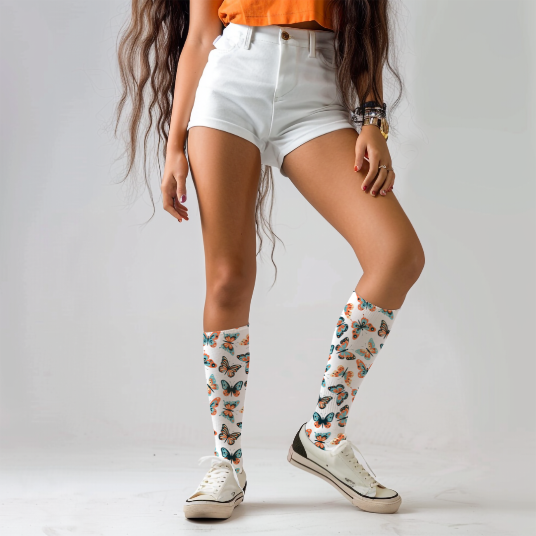Butterfly Patterned Crew Socks - Cute Socks with Butterflies - Unisex Cushioned Crew Socks Dressy or Casual