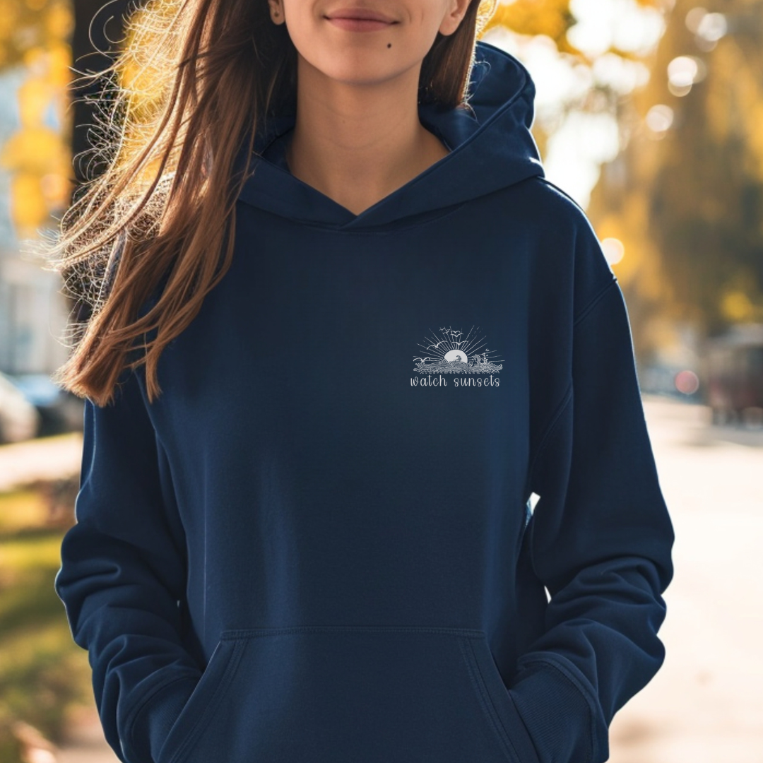 Navy Beach Sunset Hoodie – Unisex Coastal Graphic Sweatshirt