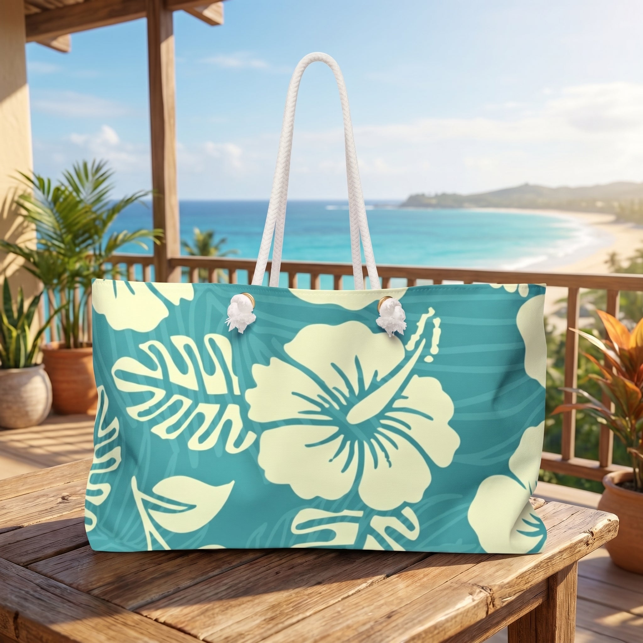 Teal Tropical Hibiscus Weekender Bag