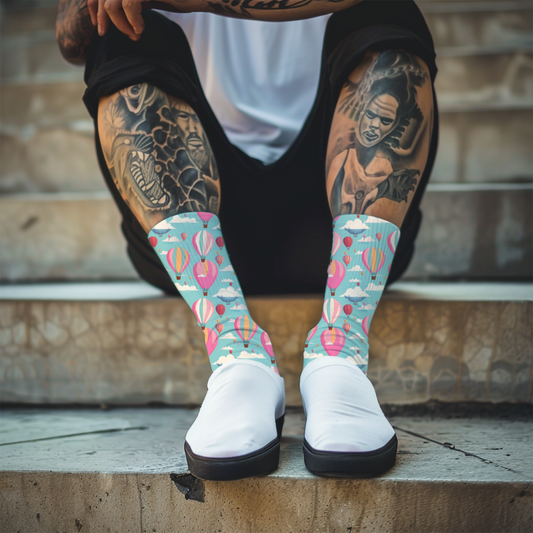 Hot Air Balloon Crew Socks: Pink & Blue Cushioned Socks