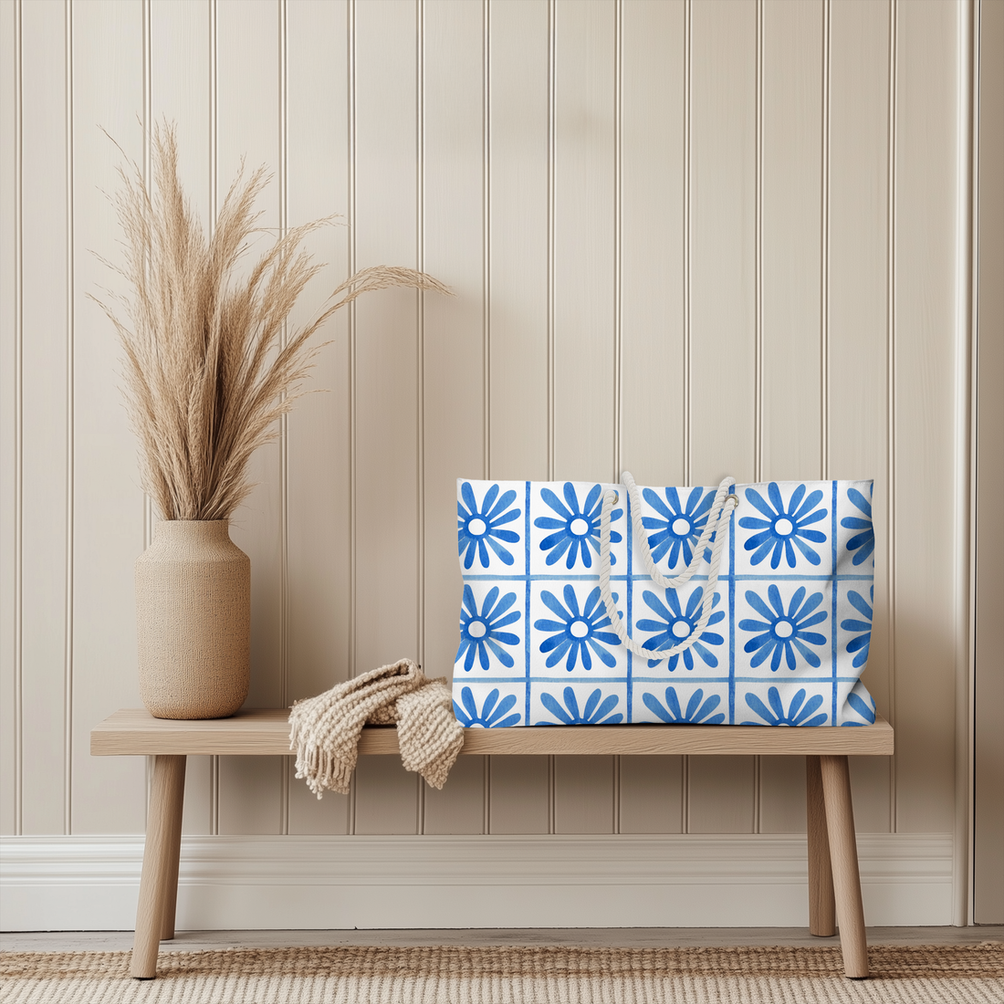 Blue Tile Floral Weekender Bag for Beach Trips
