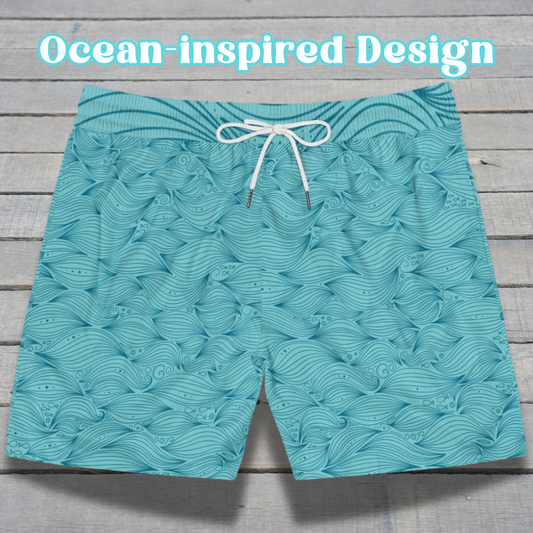 Mens Swim Shorts Blue Ocean Shorts for Men Beachwear Gift for Him Summer Swim Trunks Coastal Style Shorts for Pool or Beach Day
