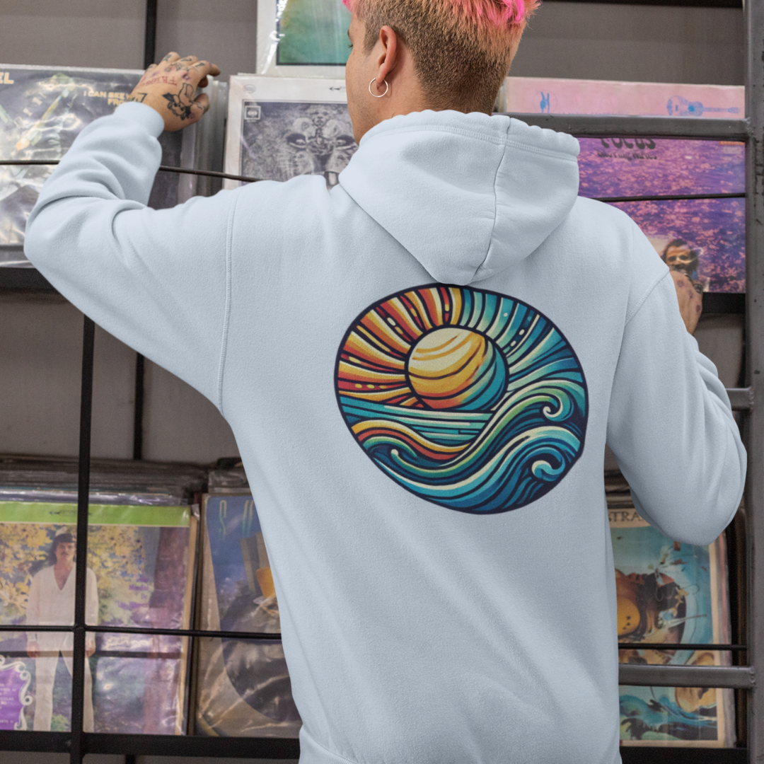 Beach-Inspired Unisex Heavy Blend Hoodie - Relaxed Fit, Cozy and Stylish Sweatshirt with Sun and Waves Design