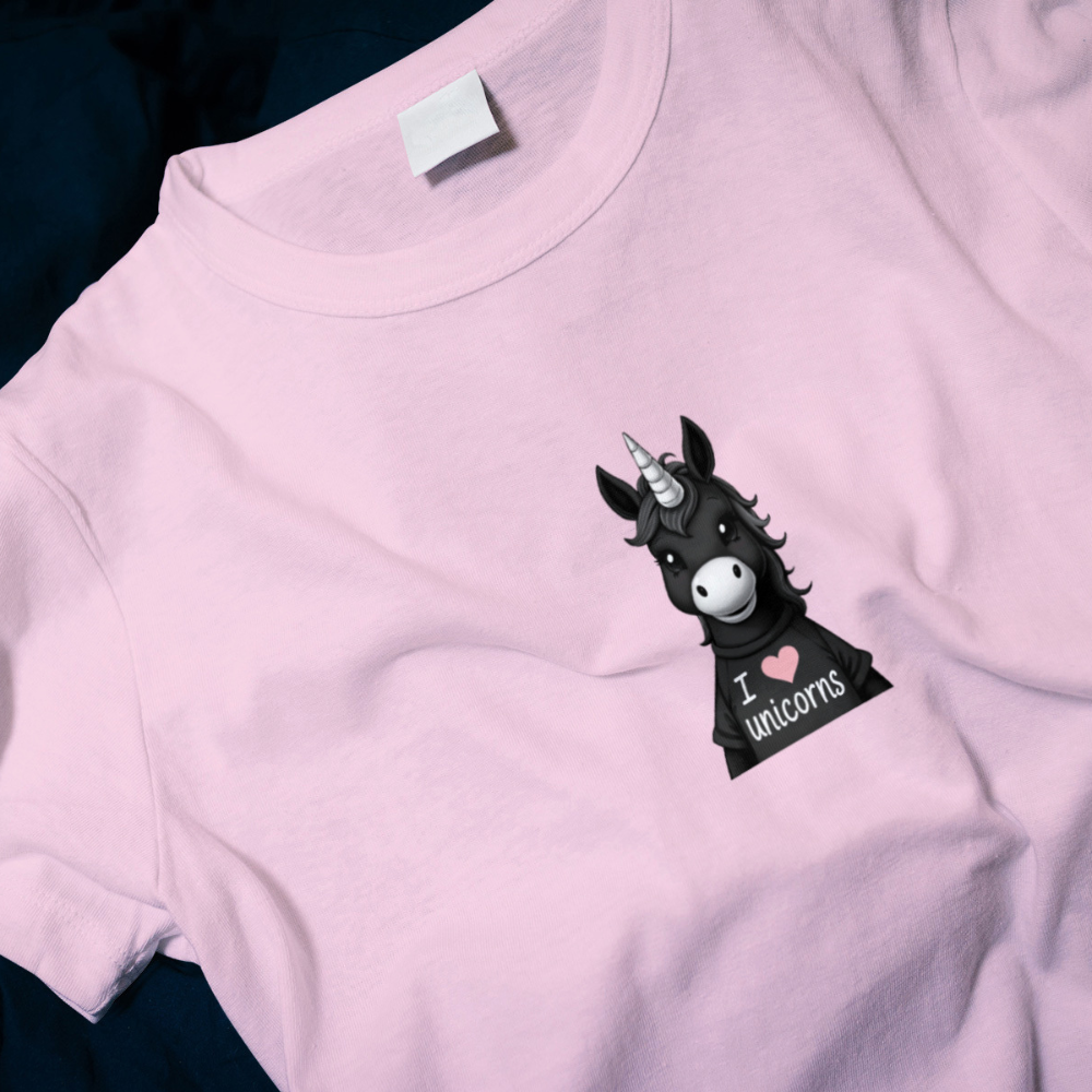 Pink t-shirt with a black unicorn graphic and 'I ❤️ unicorns' text on a white background