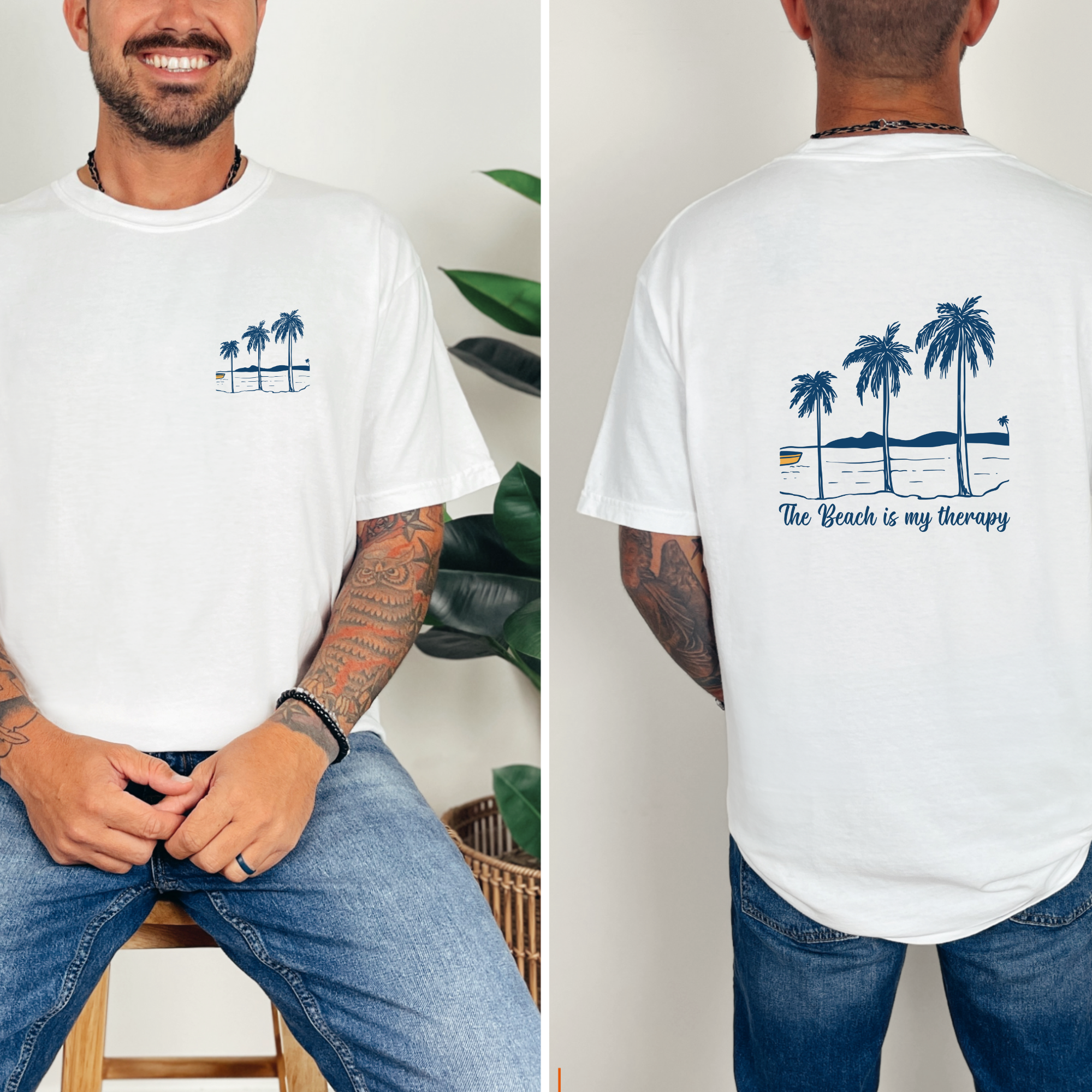 White t-shirt with palm tree design on front and back, worn by a person.