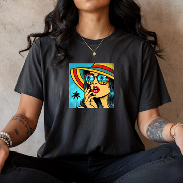 Person wearing a black t-shirt with a colorful graphic design on a neutral background