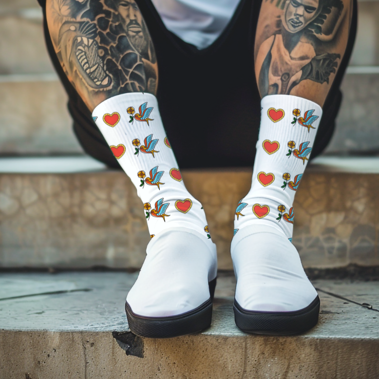 Person wearing white socks with colorful designs and tattoos on their legs sitting on steps.
