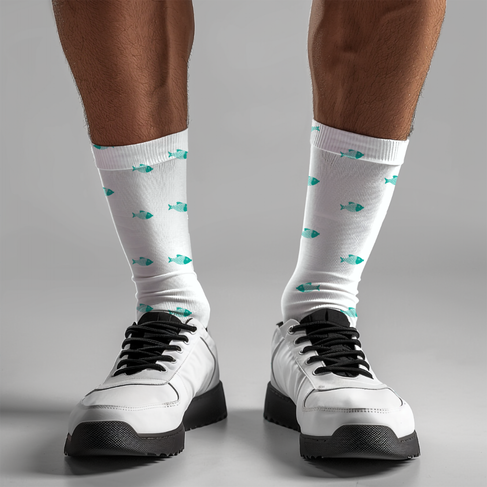 White socks with fish pattern worn with white sneakers on a gray background