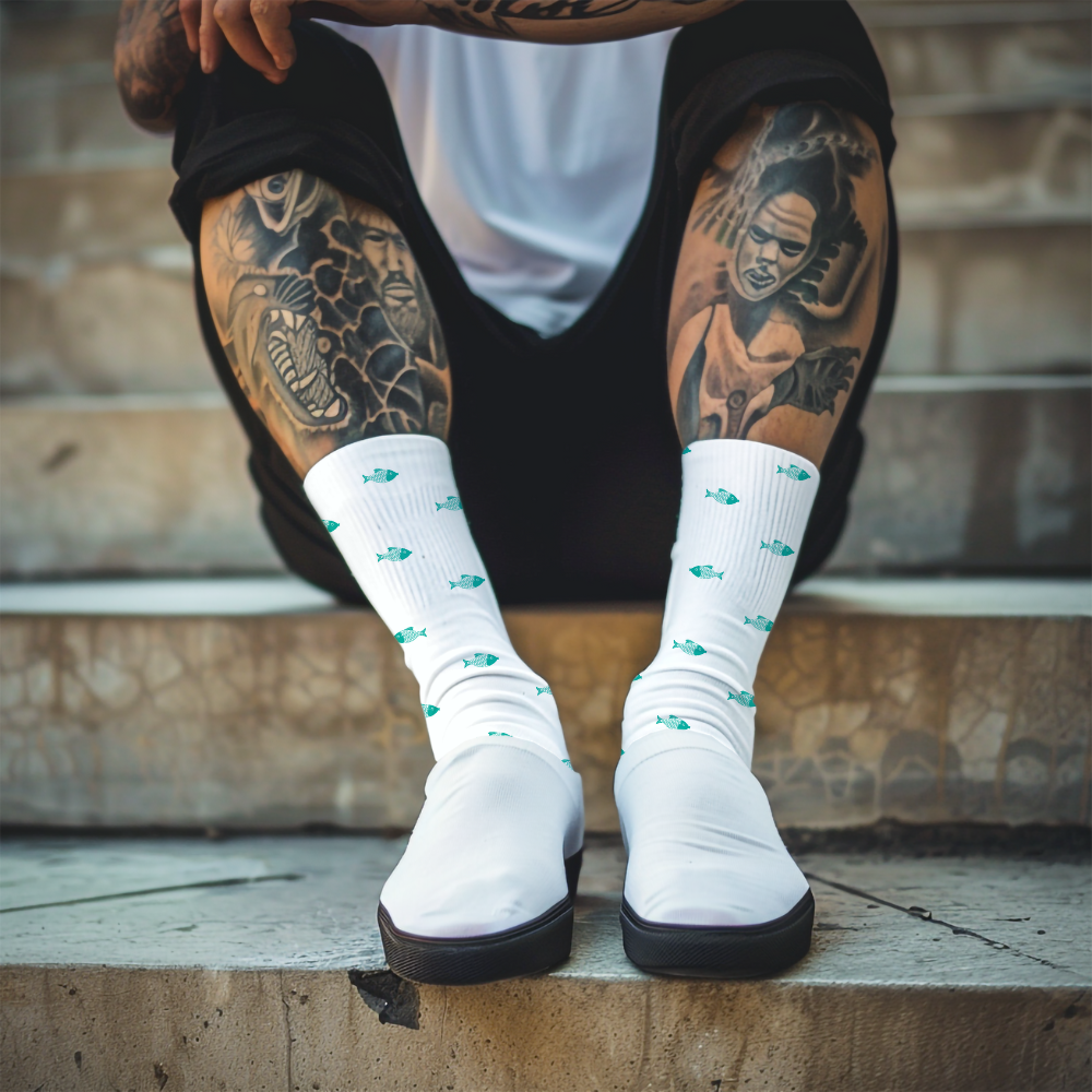 Person wearing white socks with green patterns sitting on steps.