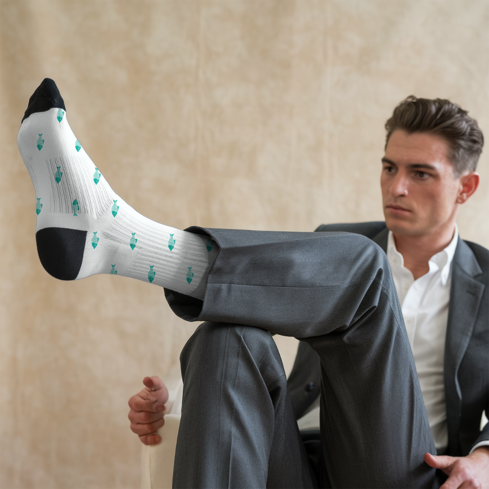Man in suit with one foot raised wearing white socks with green patterns against a beige background