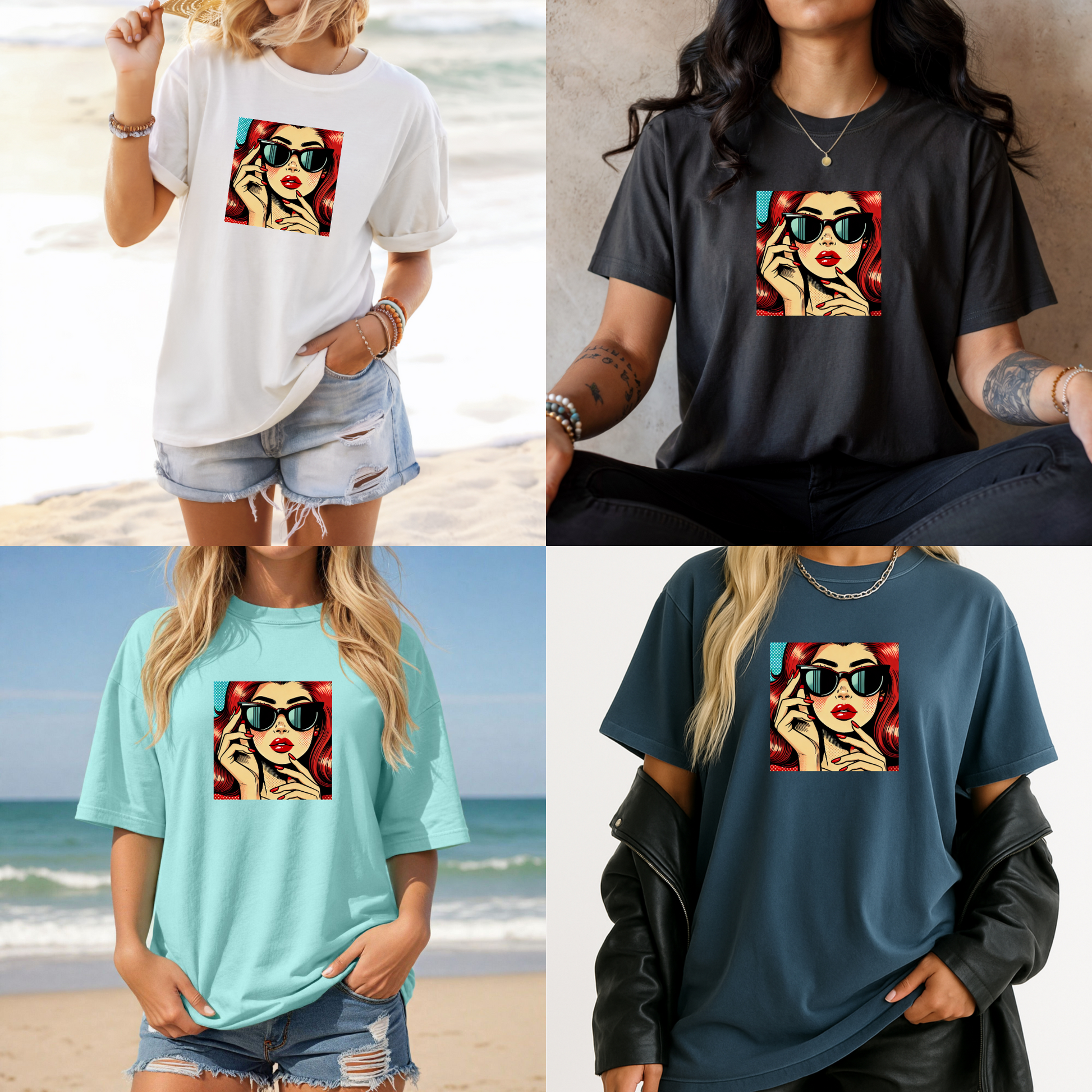 Four people wearing t-shirts with a graphic design of a woman on a beach.