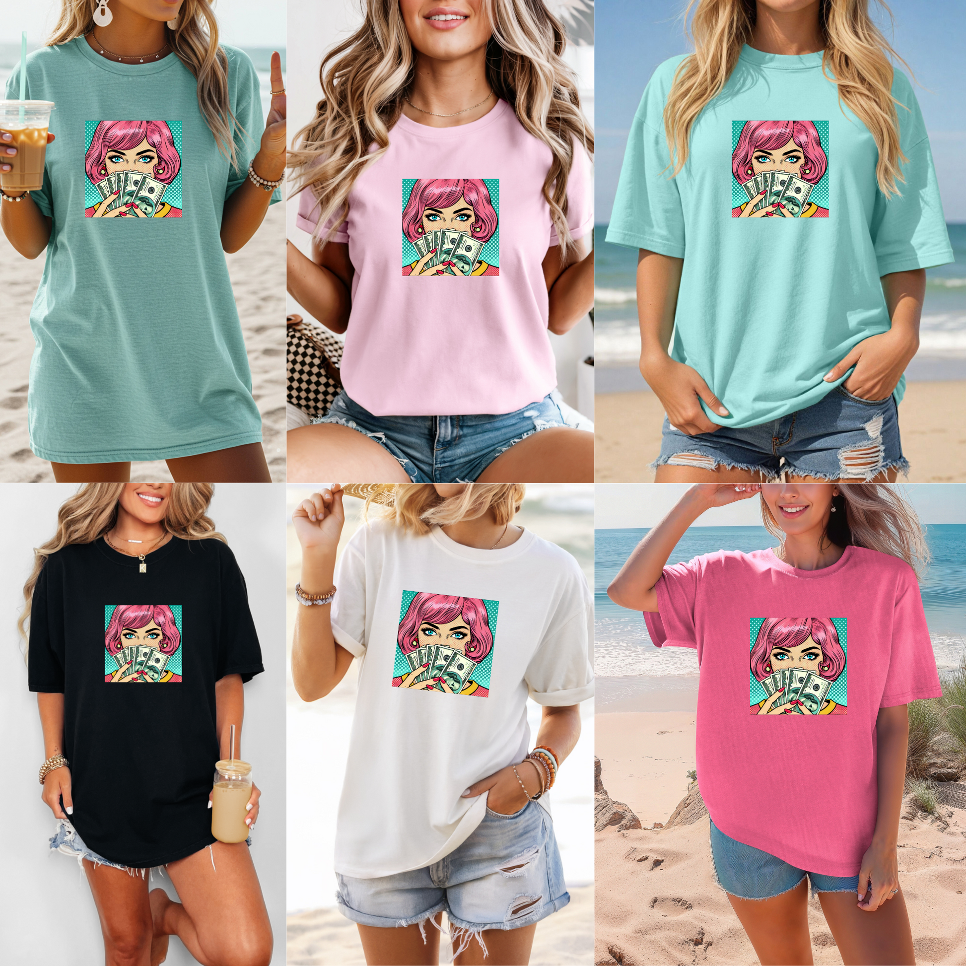 Collage of a woman wearing a t-shirt with a colorful graphic design on a beach.