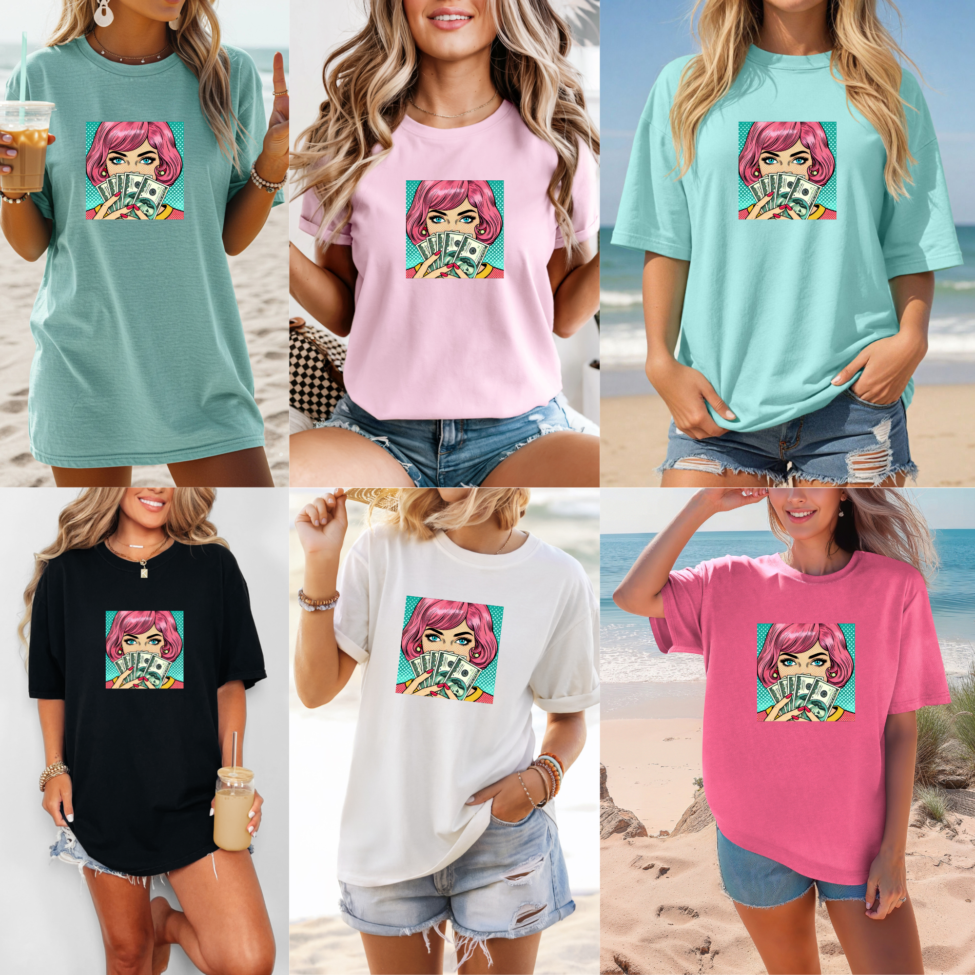 Collage of a woman wearing a t-shirt with a colorful graphic design on a beach.