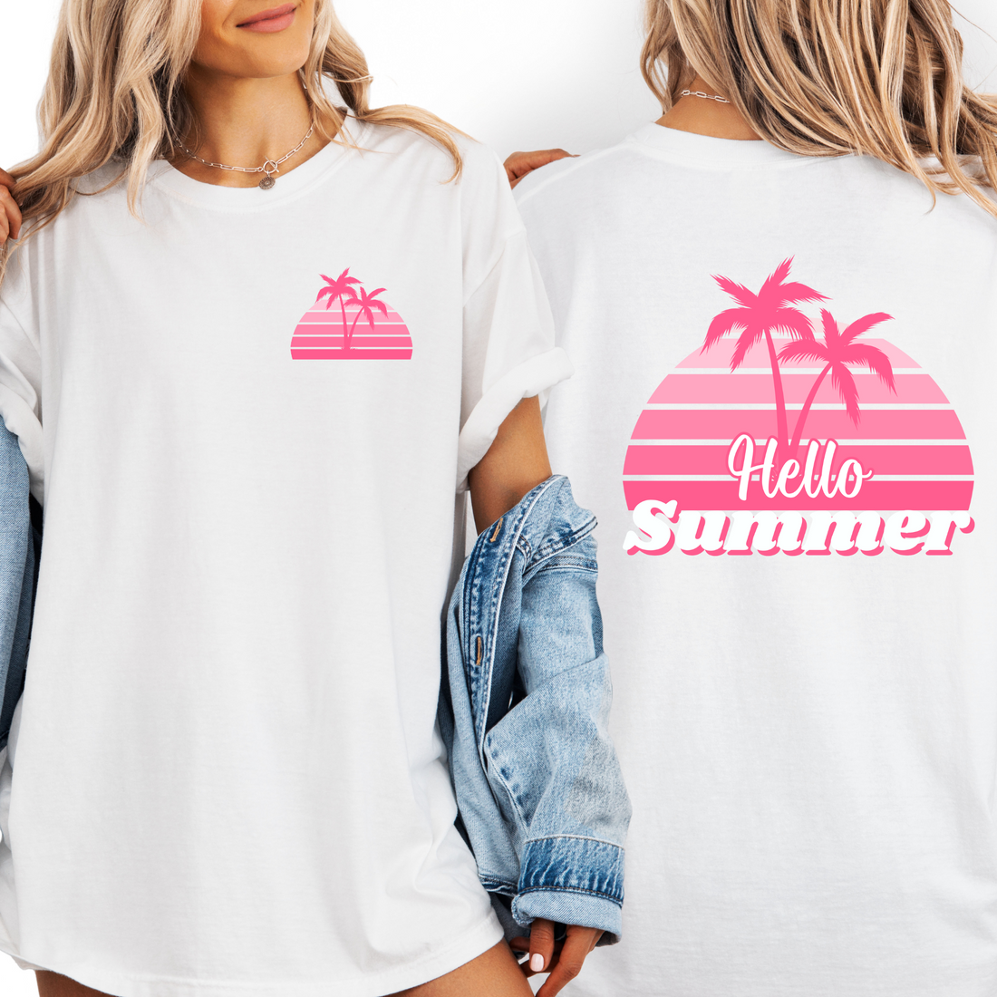 Two people wearing white t-shirts with pink palm tree designs and 'Hello Summer' text.