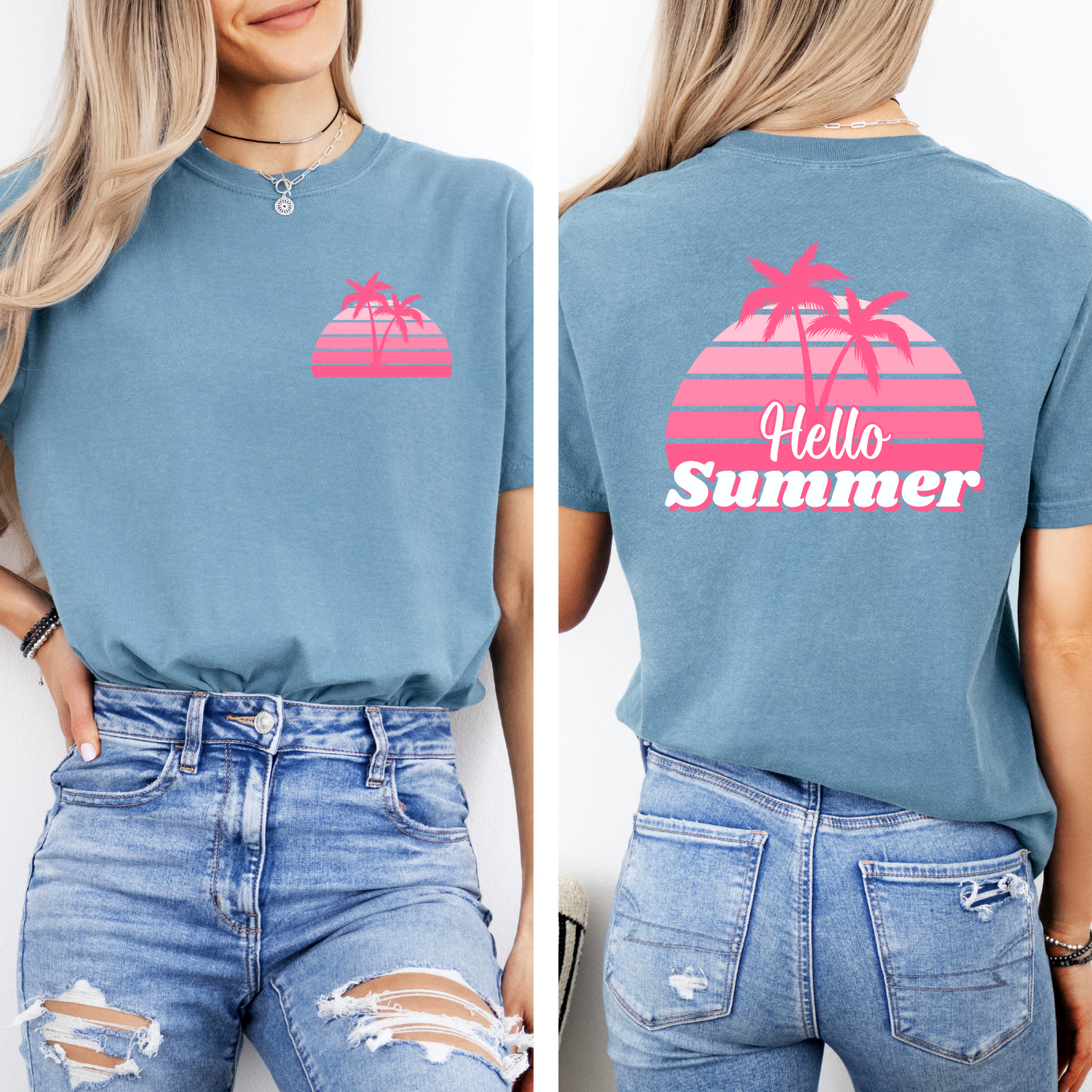 Light blue t-shirt with 'Hello Summer' design on a white background